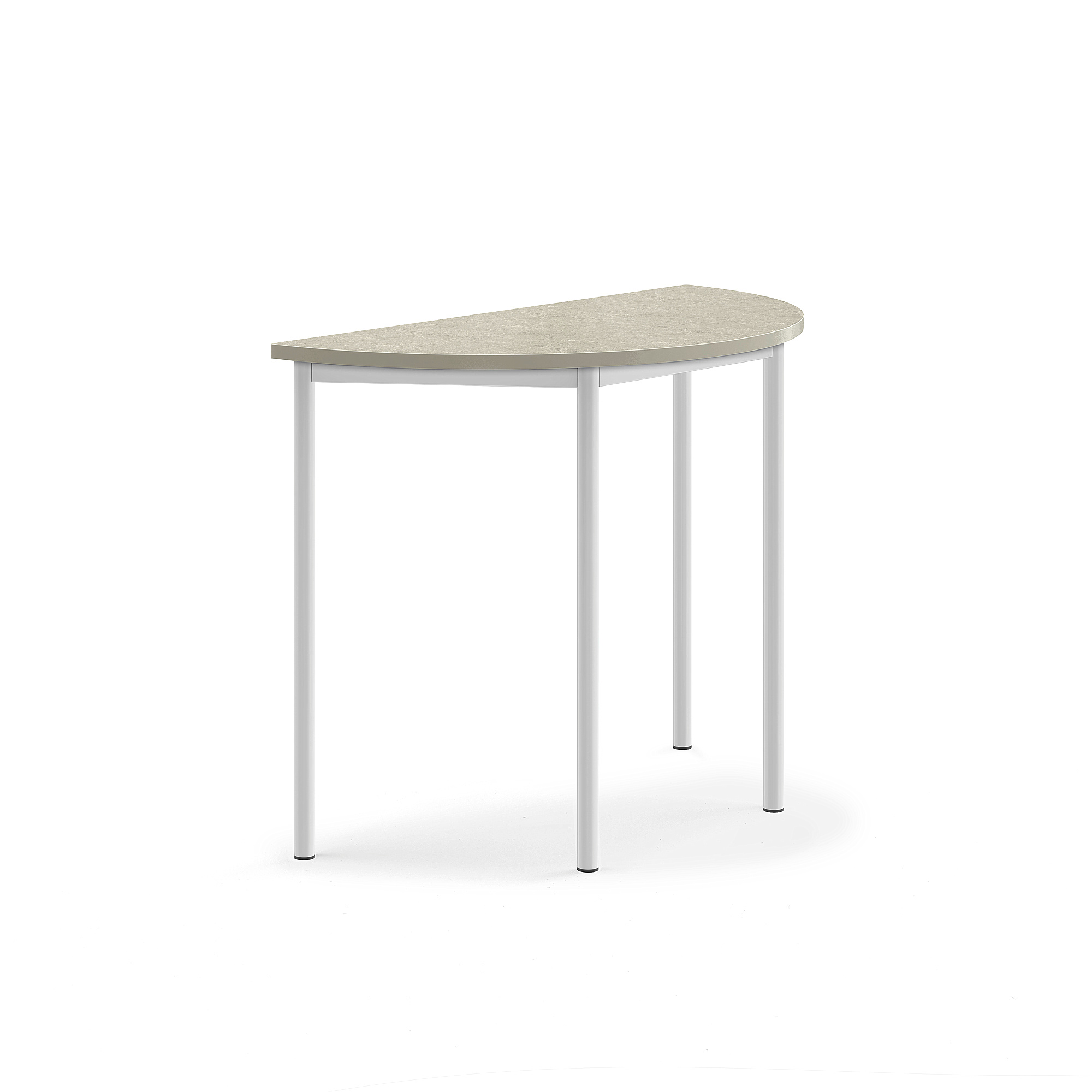 Stůl SONITUS, půlkruh, 1200x600x900 mm, bílé nohy, deska s linoleem, šedá