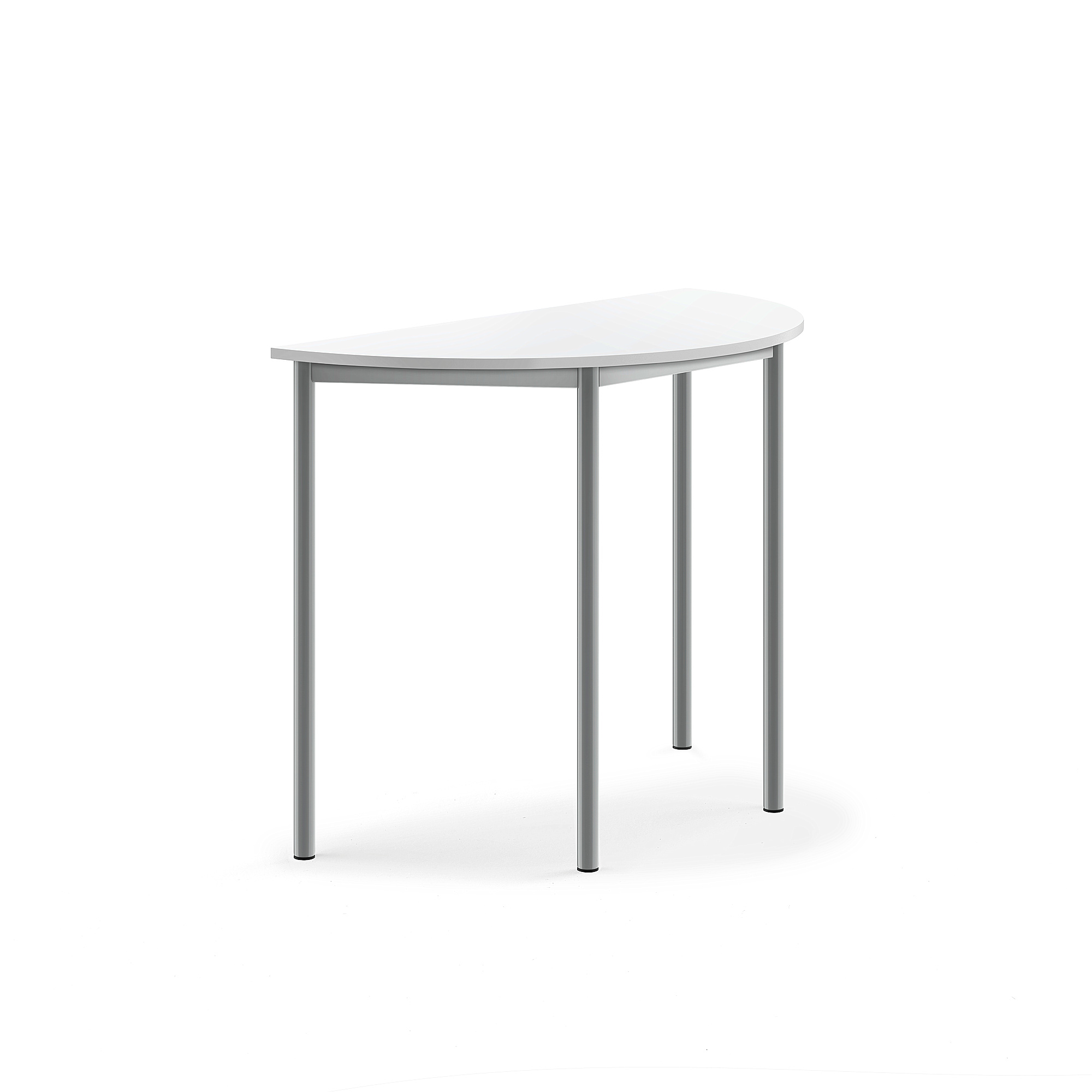 Stůl SONITUS, půlkruh, 1200x600x900 mm, stříbrné nohy, HPL deska tlumící hluk, bílá
