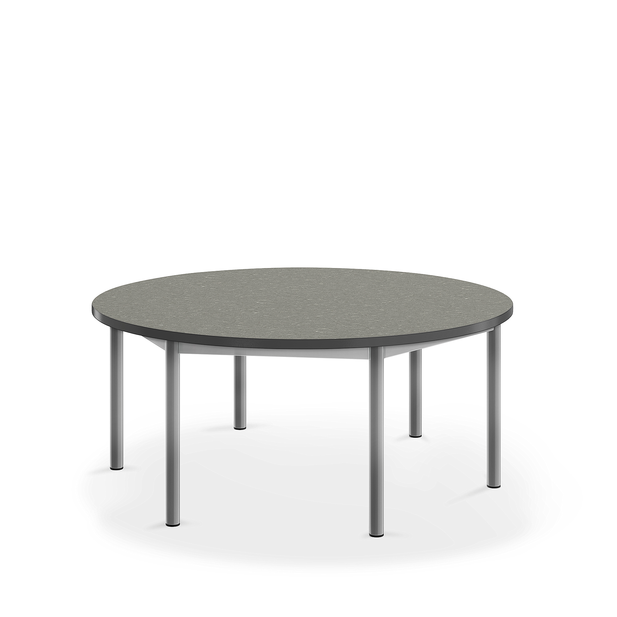 Stůl SONITUS, Ø1200x500 mm, stříbrné nohy, deska s linoleem, tmavě šedá