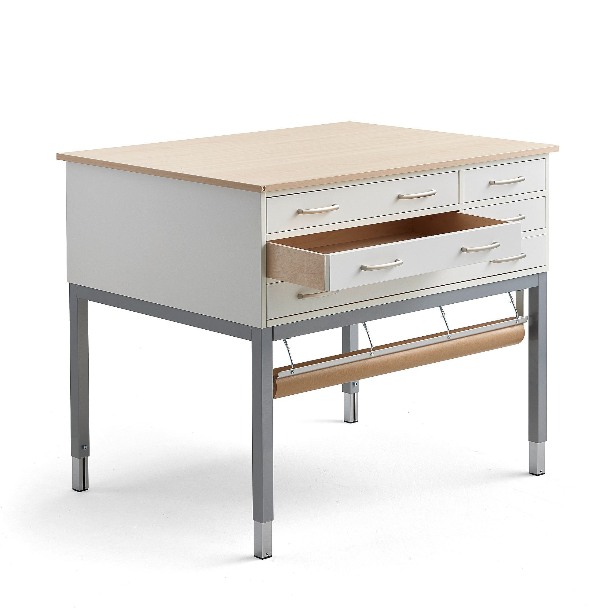 E-shop Stôl na balenie s držiakom na papier, 1200x900x900 mm, breza, strieborná