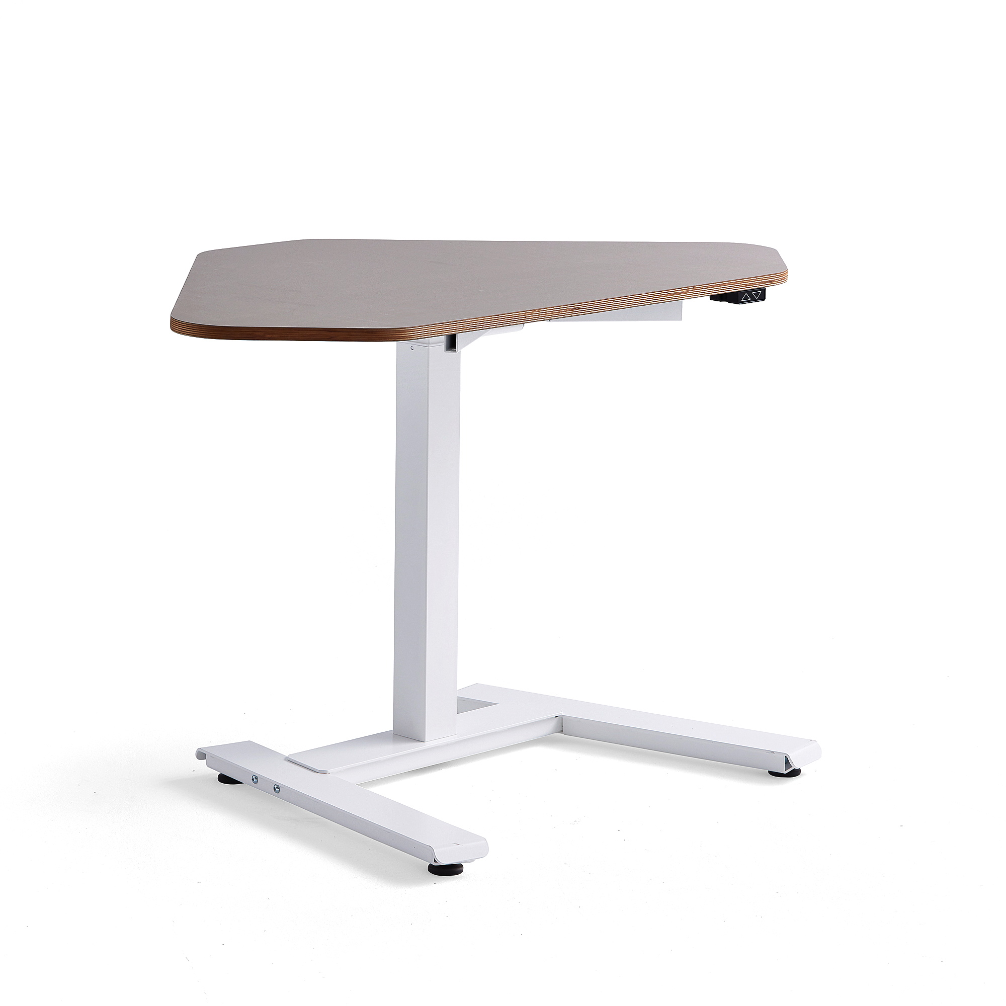 Výškově nastavitelný stůl NOVUS, rohový, 1200x750 mm, bílá podnož, jílově šedá deska