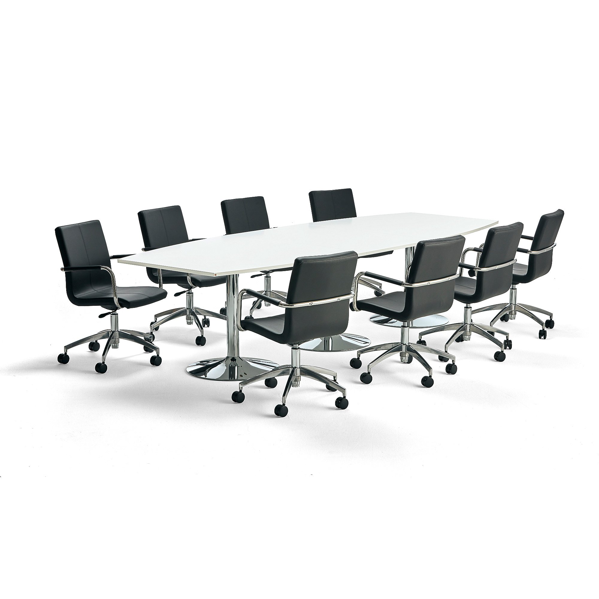 Levně Sestava FLEXUS + DELTA, jednací stůl, bílý, 3200x1200 mm a 8 černých židlí