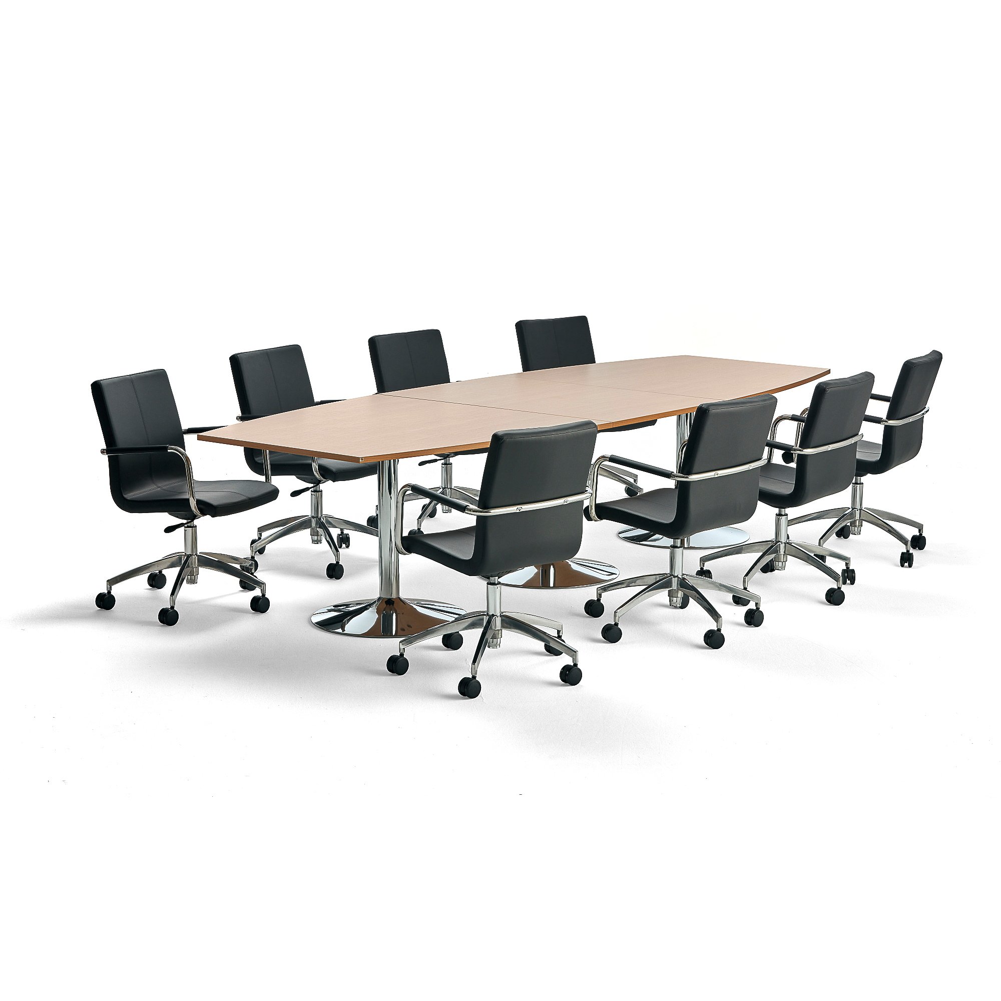 Sestava FLEXUS + DELTA, jednací stůl, buk, 3200x1200 mm a 8 černých židlí