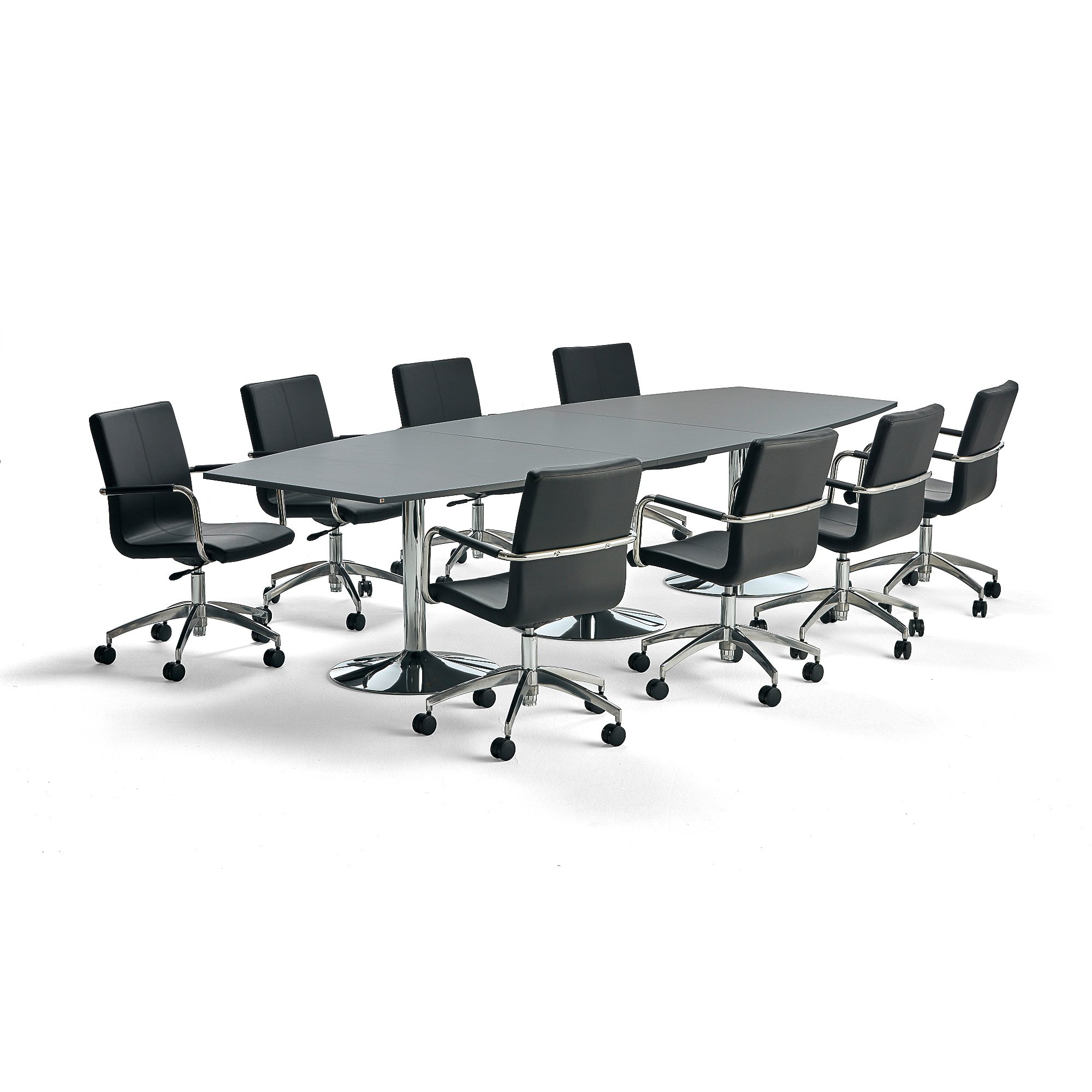 Levně Sestava FLEXUS + DELTA, jednací stůl, šedý, 3200x1200 mm a 8 černých židlí