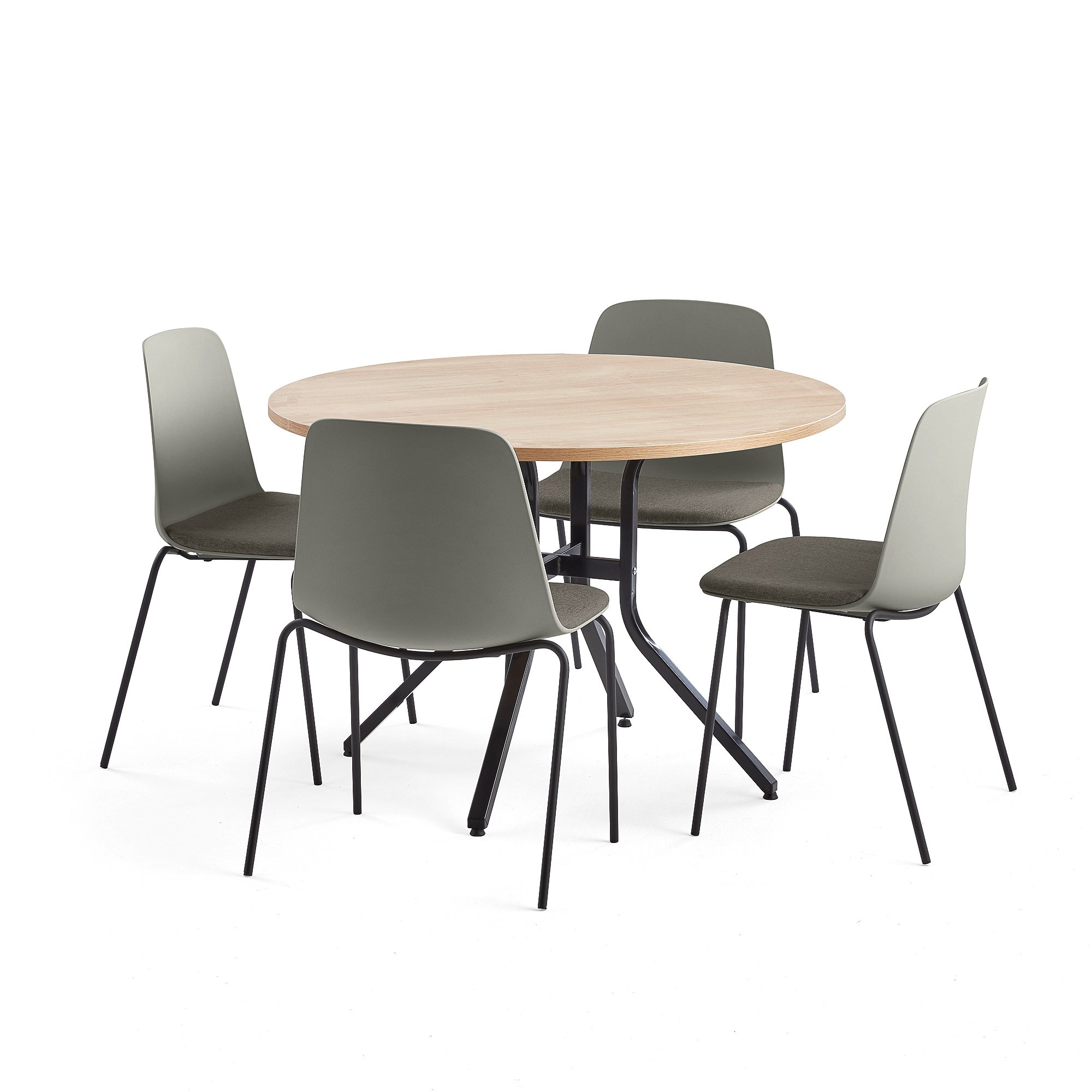 Levně Sestava VARIOUS + LANGFORD, stůl Ø1100x740 mm, dub + 4 židle, šedá/hnědá