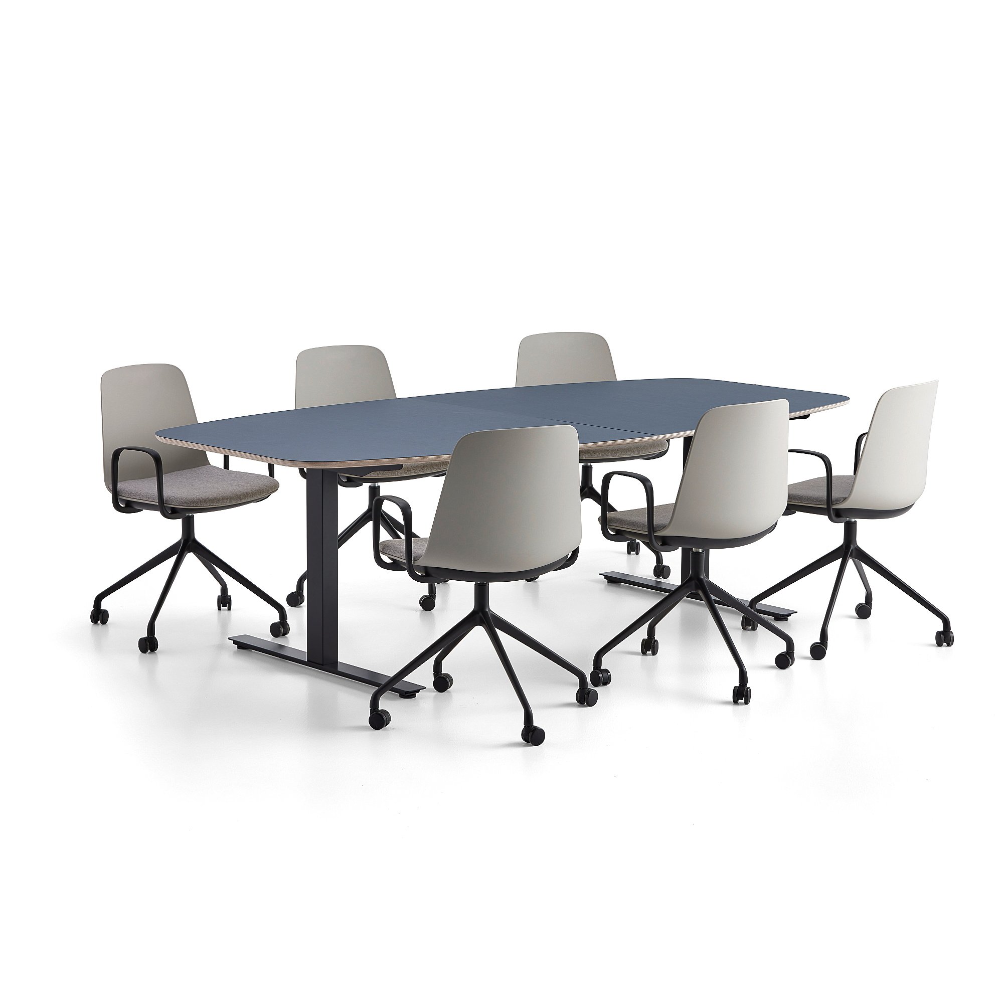Rokovací nábytok AUDREY + LANGFORD, modrý stôl + 6 stoličiek, svetlošedá