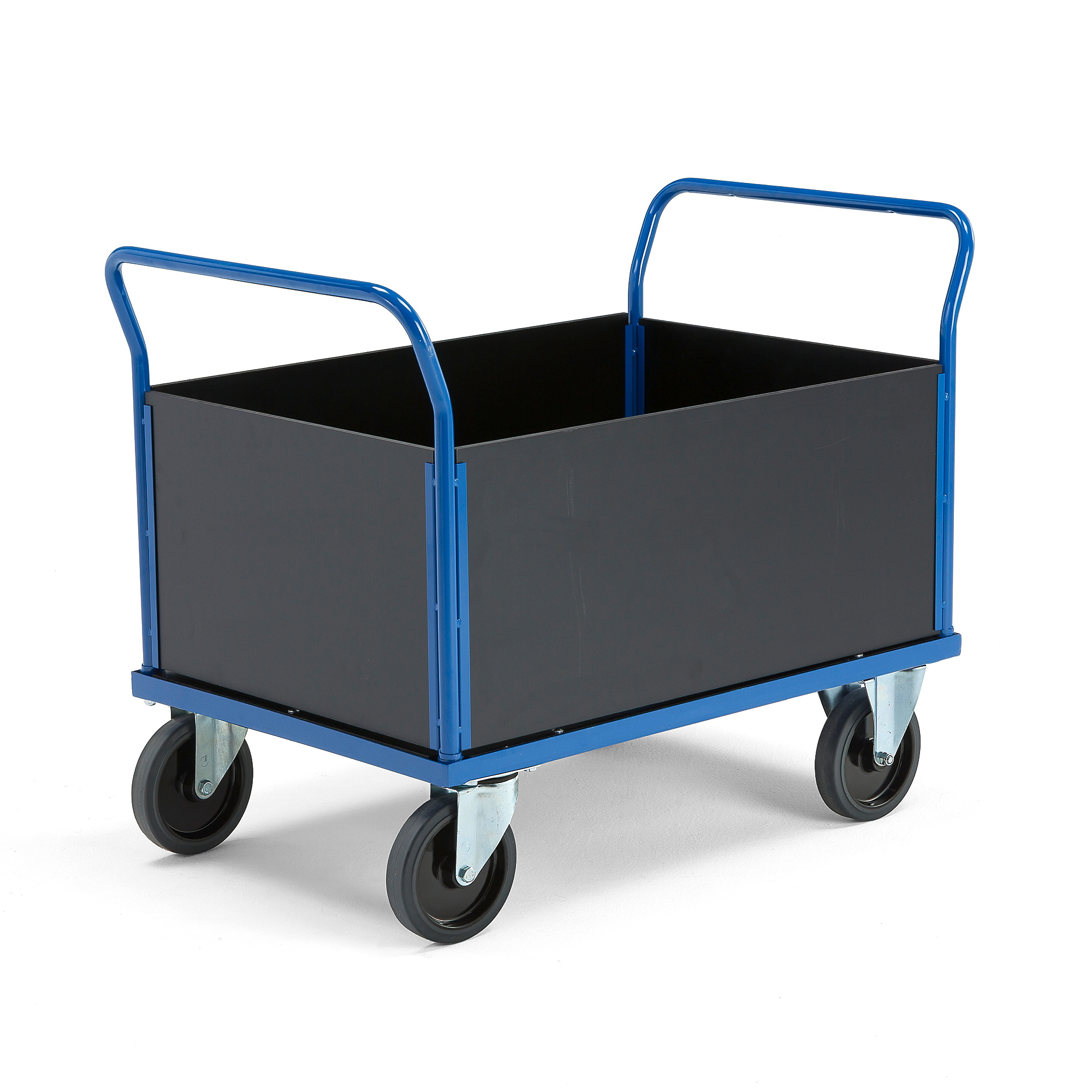 Plošinový vozík TRANSFER, 4 dřevěné stěny, 1000x700 mm, 1000 kg, elastická gumová kola, bez brzd