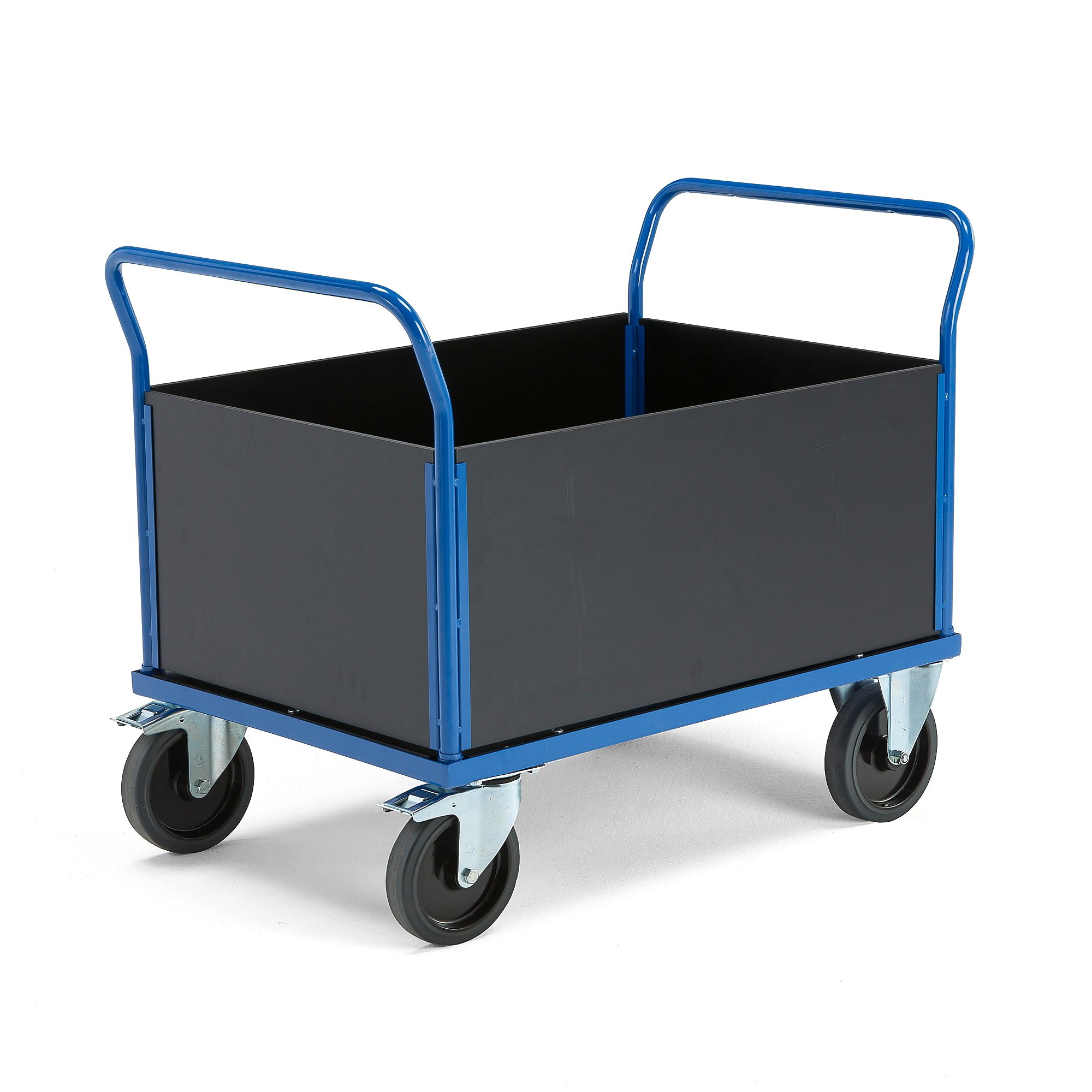 Plošinový vozík TRANSFER, 4 dřevěné stěny, 1000x700 mm, 1000 kg, elastická gumová kola, s brzdami