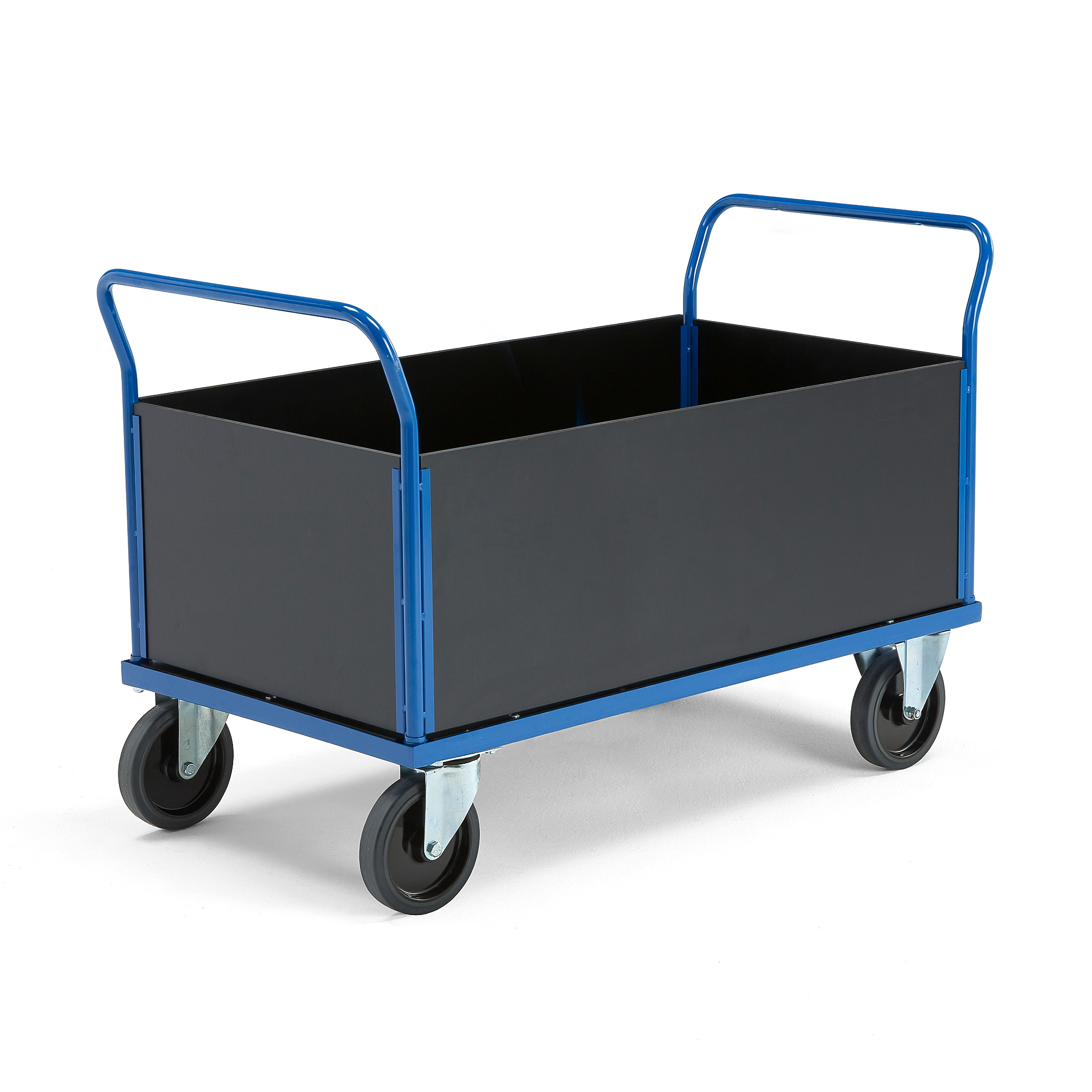Plošinový vozík TRANSFER, 4 dřevěné stěny, 1200x800 mm, 1000 kg, elastická gumová kola, bez brzd