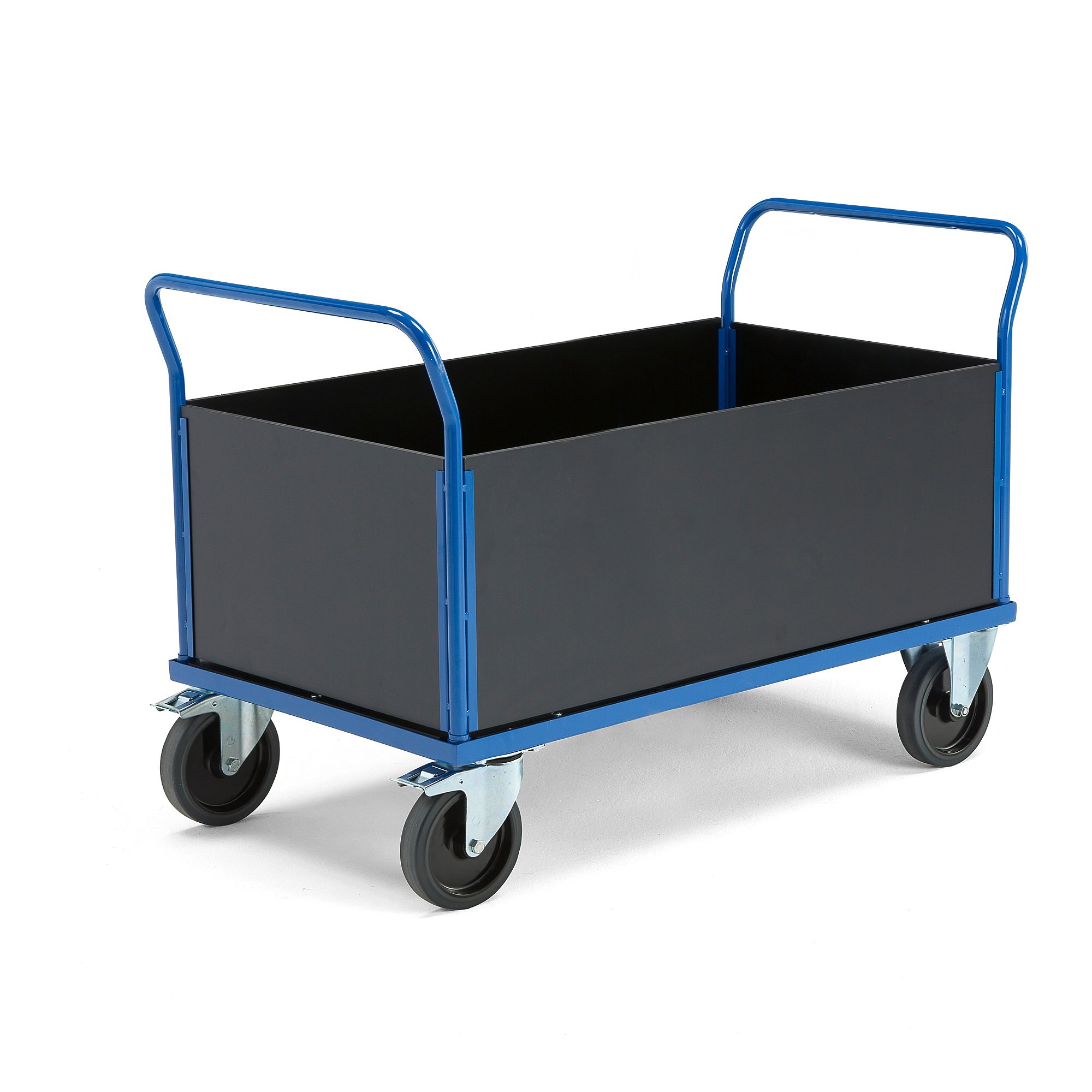 Plošinový vozík TRANSFER, 4 dřevěné stěny, 1200x800 mm, 1000 kg, elastická gumová kola, s brzdami