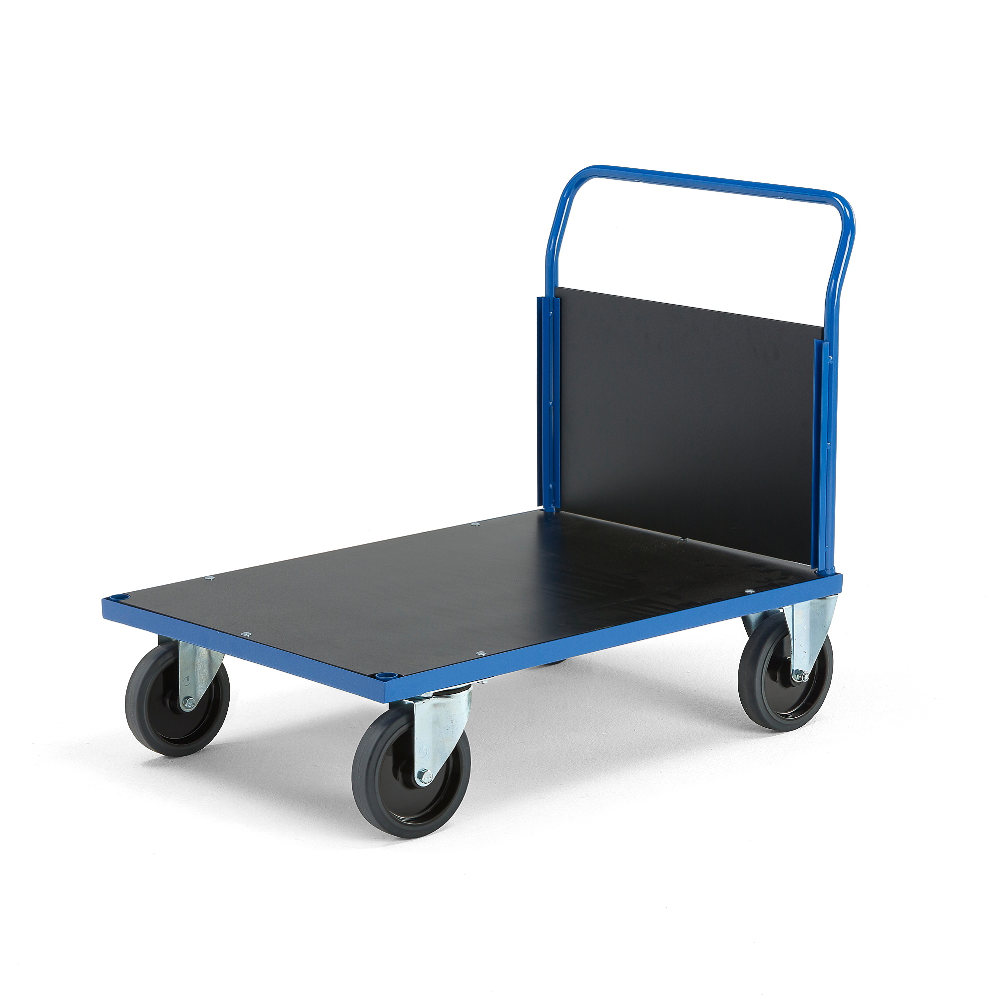 Plošinový vozík TRANSFER, 1 čelní dřevěná stěna, 1000x700 mm, 1000 kg, elastická gumová kola, bez br