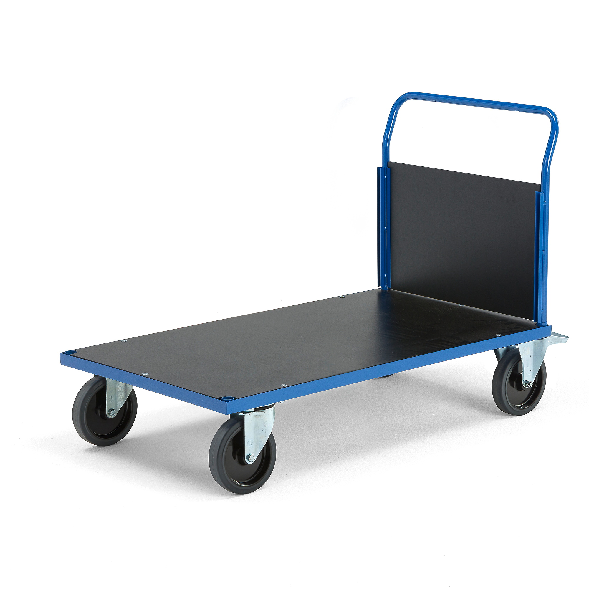 Plošinový vozík TRANSFER, 1 čelní dřevěná stěna, 1200x800 mm, 1000 kg, elastická gumová kola, s brzd