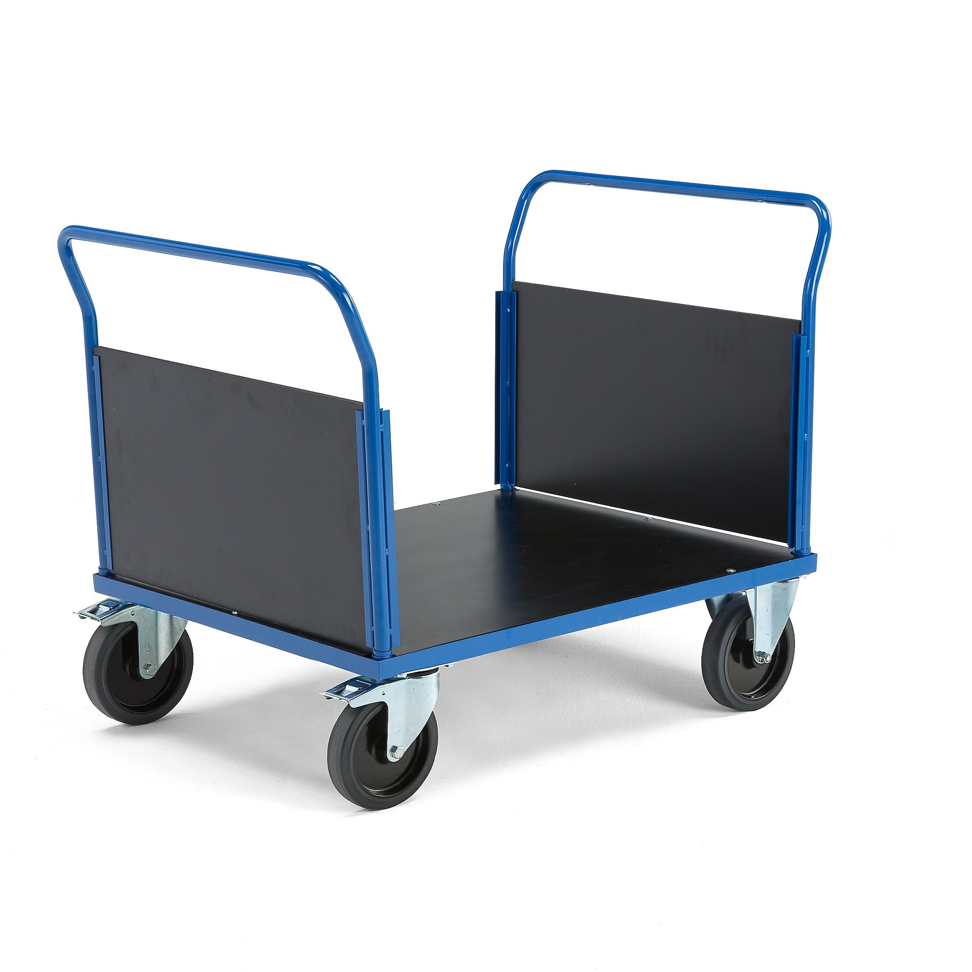 Plošinový vozík TRANSFER, 2 čelní dřevěné stěny, 1000x700 mm, 1000 kg, elastická gumová kola, s brzd
