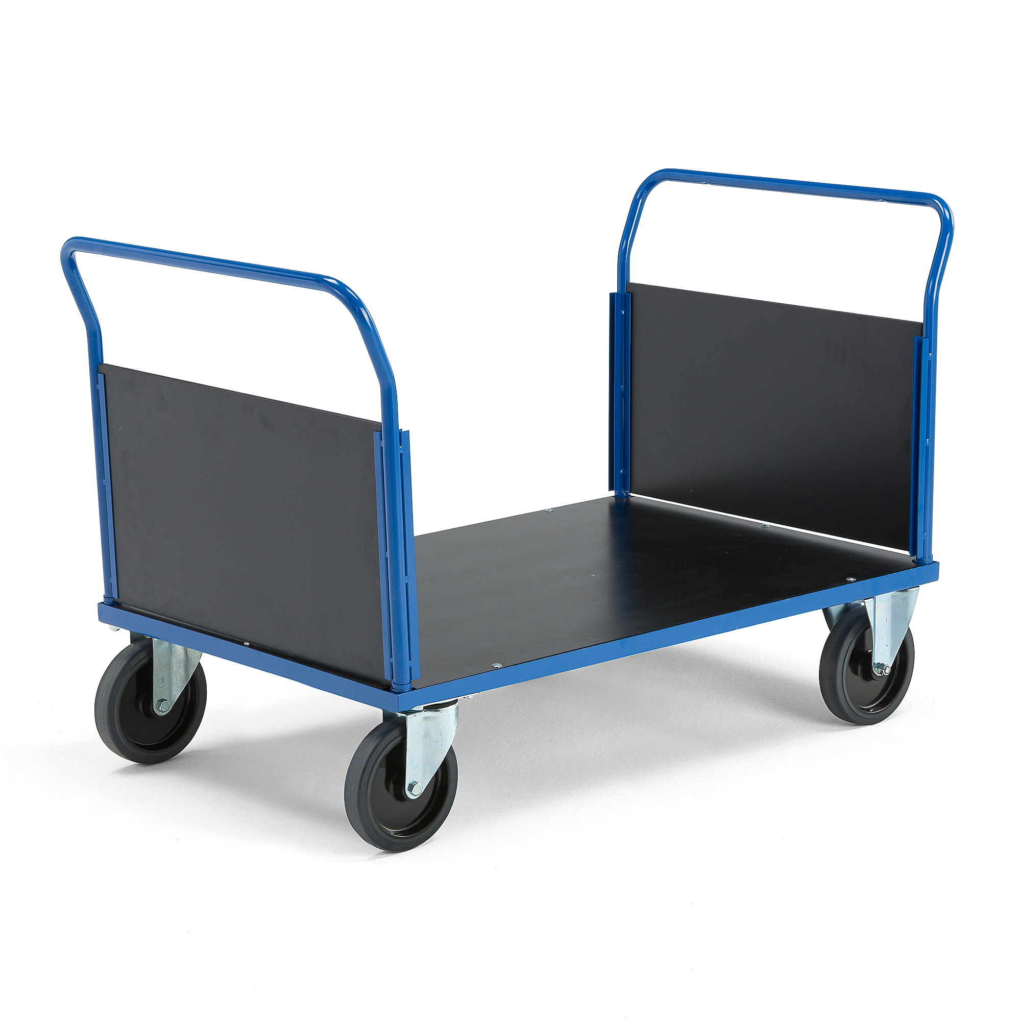 Plošinový vozík TRANSFER, 2 čelní dřevěné stěny, 1200x800 mm, 1000 kg, elastická gumová kola, bez br