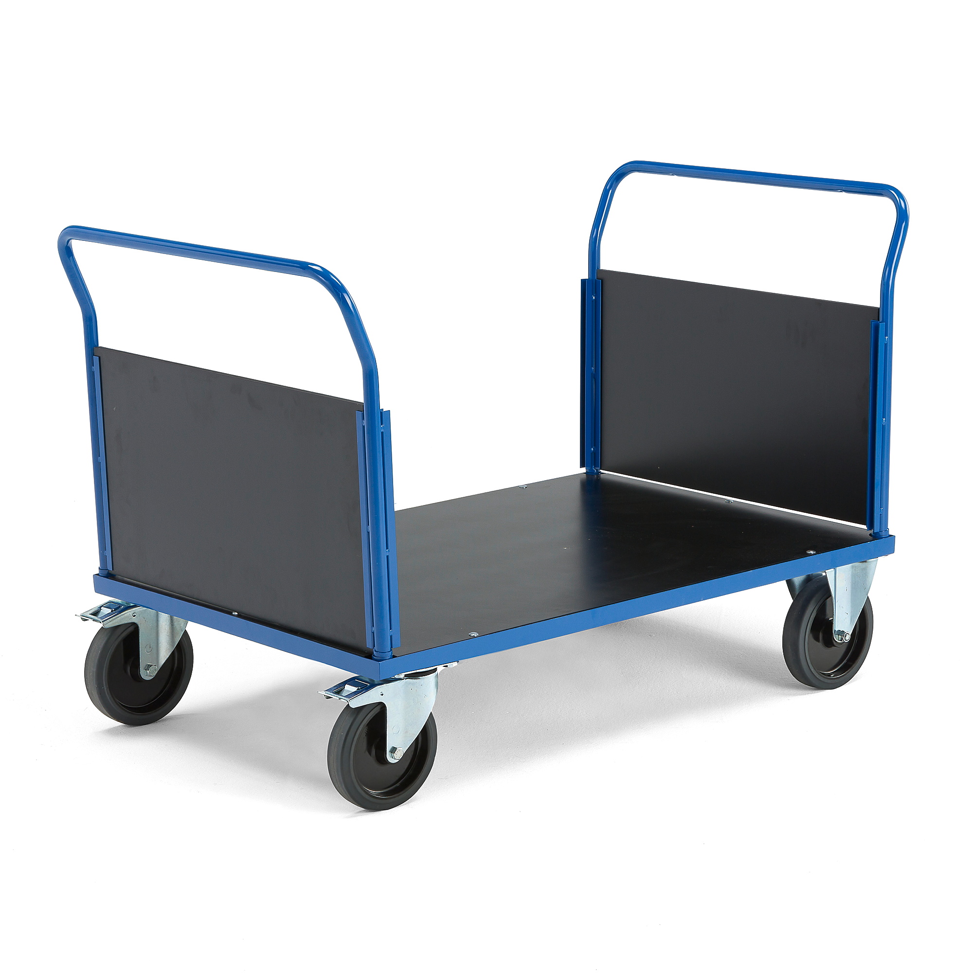 Plošinový vozík TRANSFER, 2 čelní dřevěné stěny, 1200x800 mm, 1000 kg, elastická gumová kola, s brzd