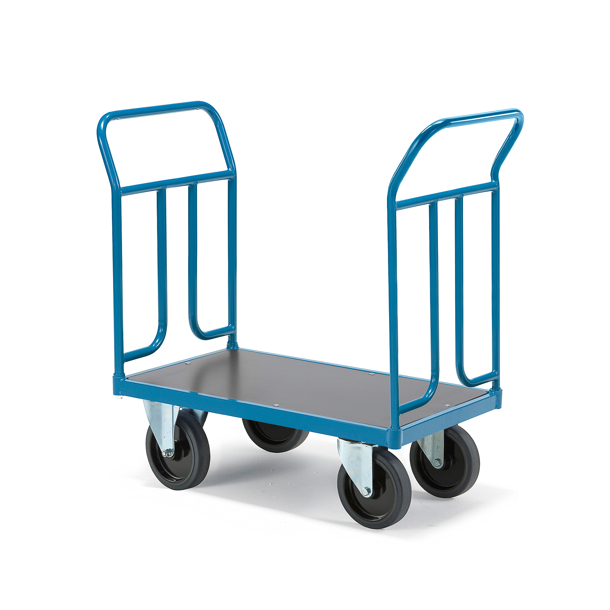 Plošinový vozík TRANSFER, 2 čelní trubkové rámy, 900x500 mm, 1000 kg, elastická gumová kola, bez brz
