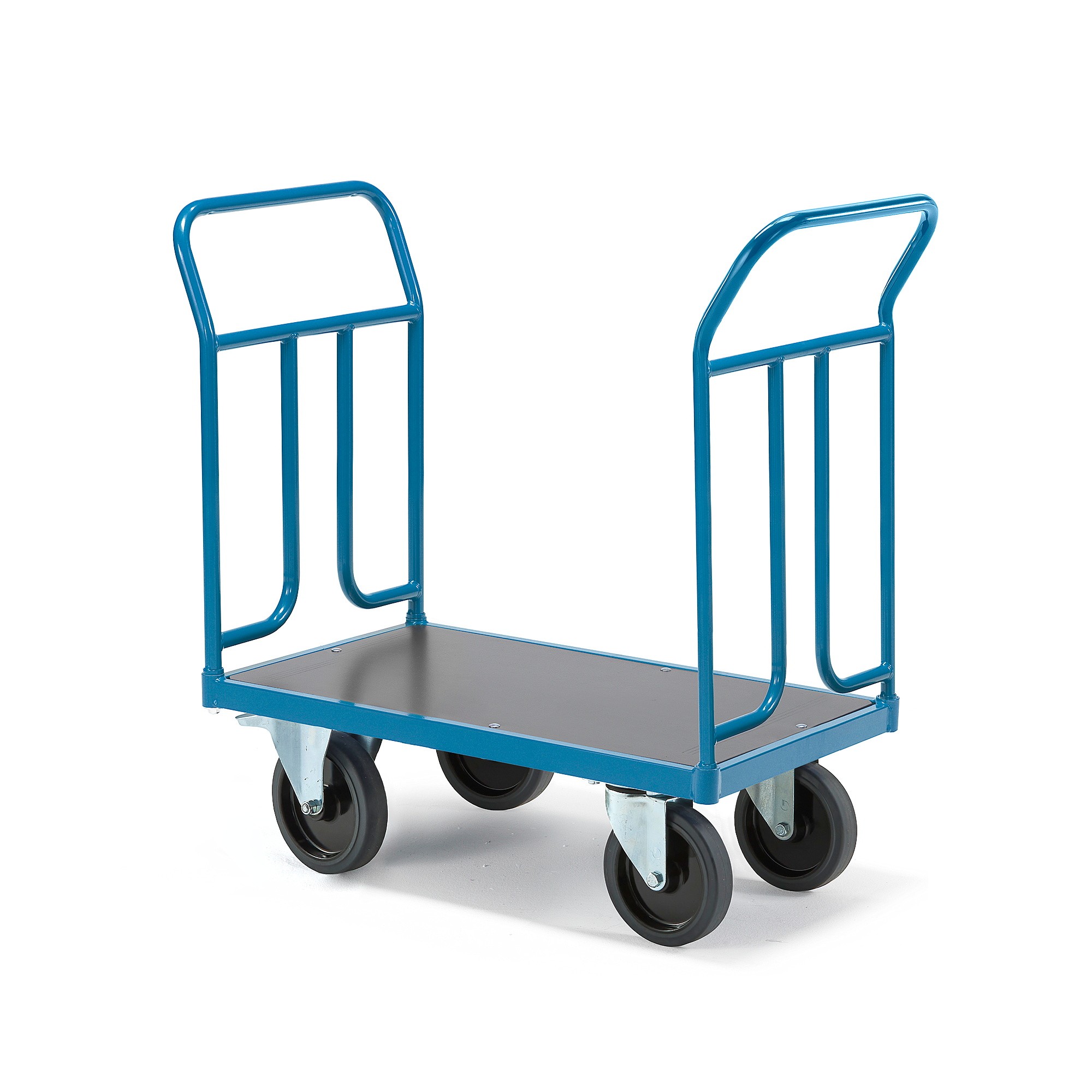 Plošinový vozík TRANSFER, 2 čelní trubkové rámy, 900x500 mm, 1000 kg, elastická gumová kola, s brzda