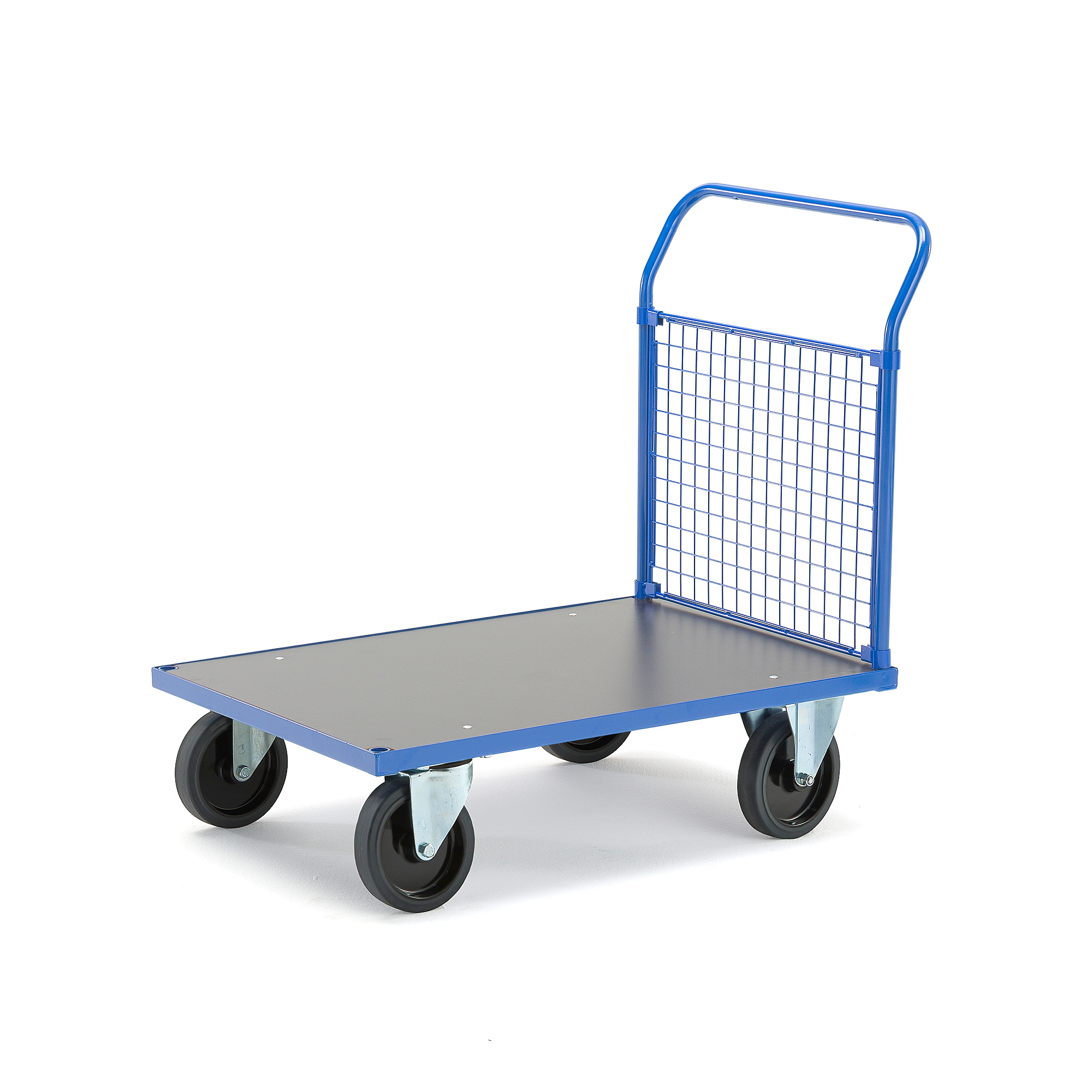 Plošinový vozík TRANSFER, 1 čelní drátěná stěna, 1000x700 mm, 1000 kg, elastická gumová kola, bez br