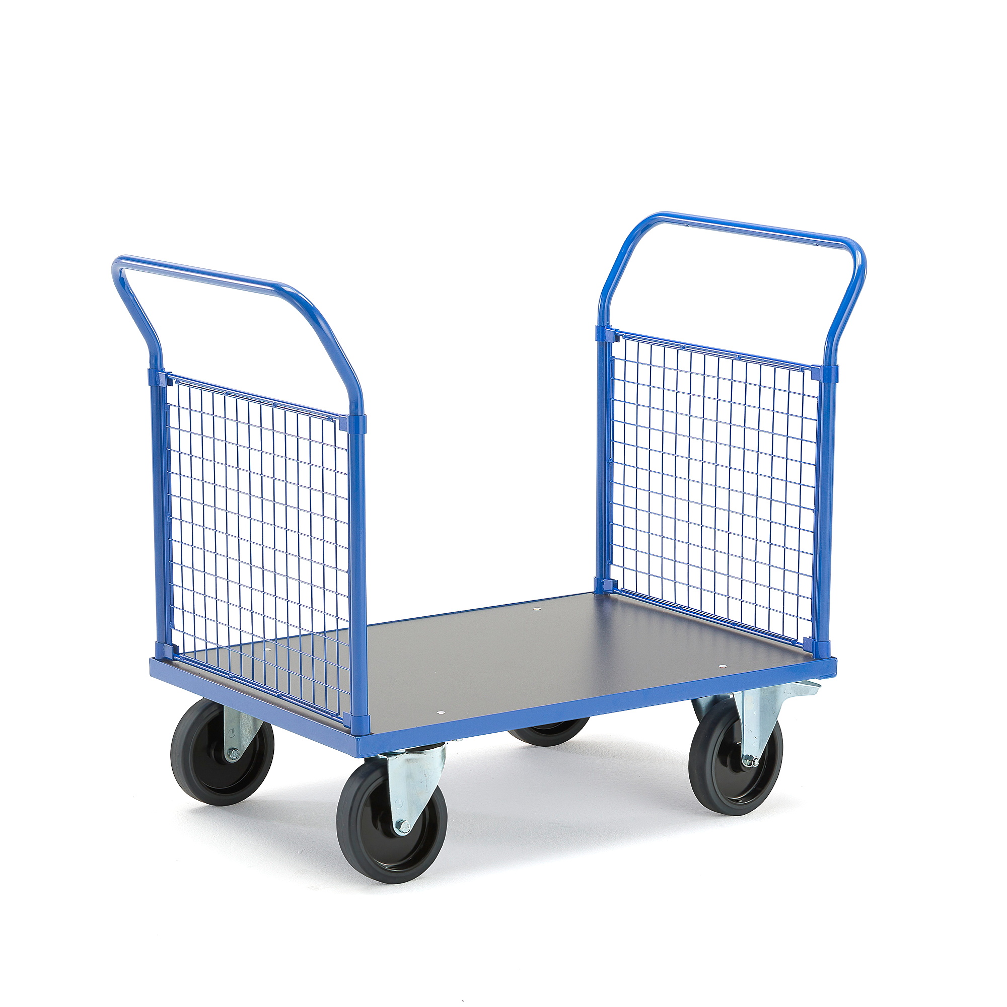 Plošinový vozík TRANSFER, 2 čelní drátěné stěny, 1000x700 mm, 1000 kg, elastická gumová kola, s brzd
