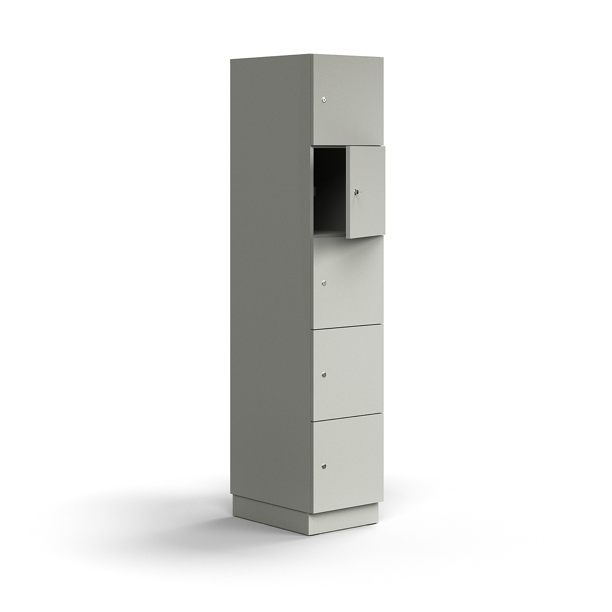 Skříň QBUS, 5 uzamykatelných boxů, sokl, 2020x400x570 mm, světle šedá