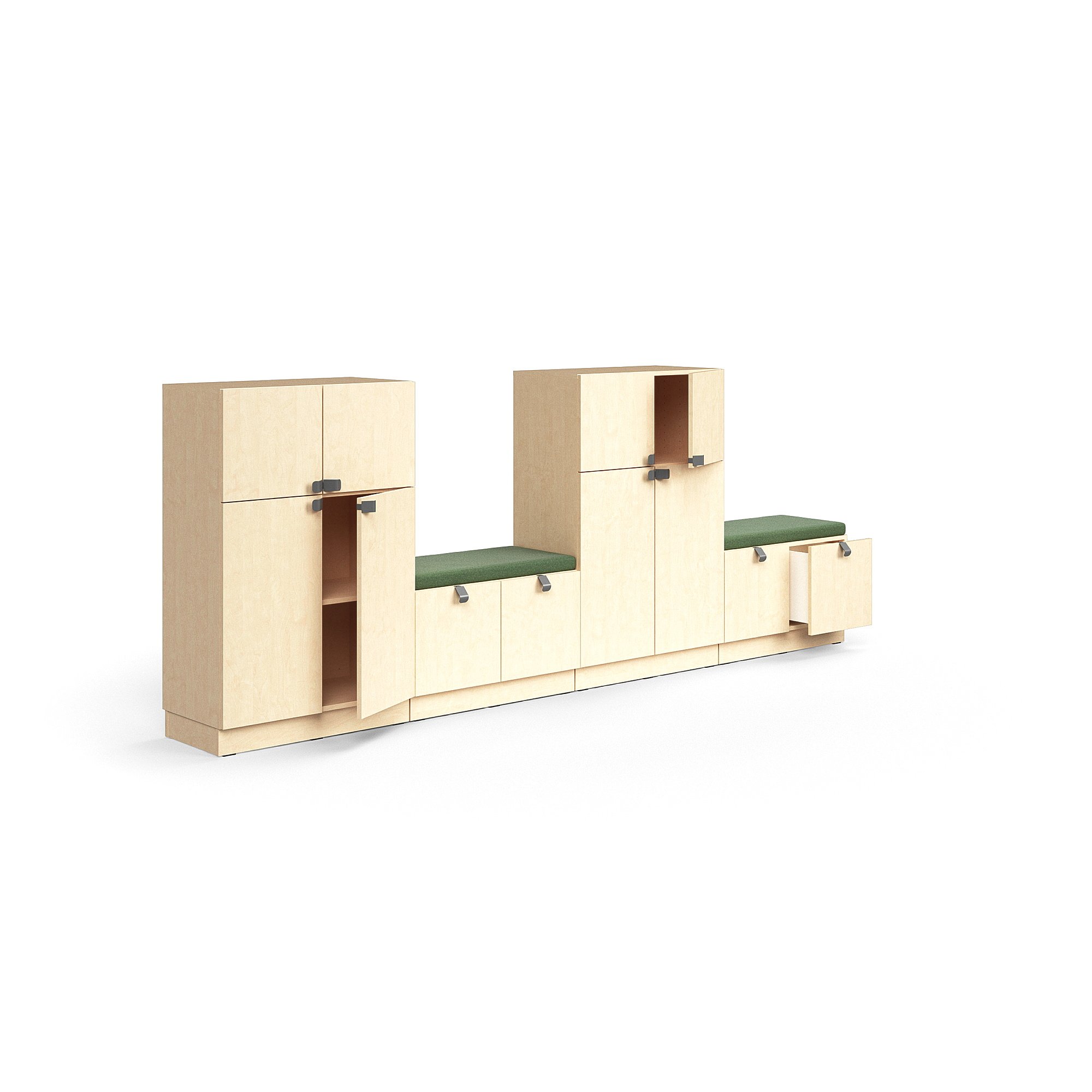 Úložná skriňa QBUS, 2 skrinky + 2 lavice, so soklom, 1257x3200x420 mm, breza, zelená poduška