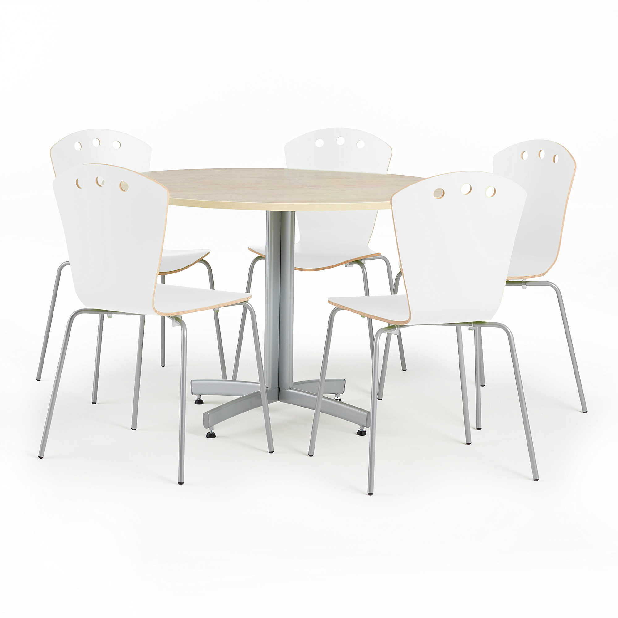 Jídelní sestava SANNA + ORLANDO, stůl Ø1100 mm, bříza + 5 židlí, bílé