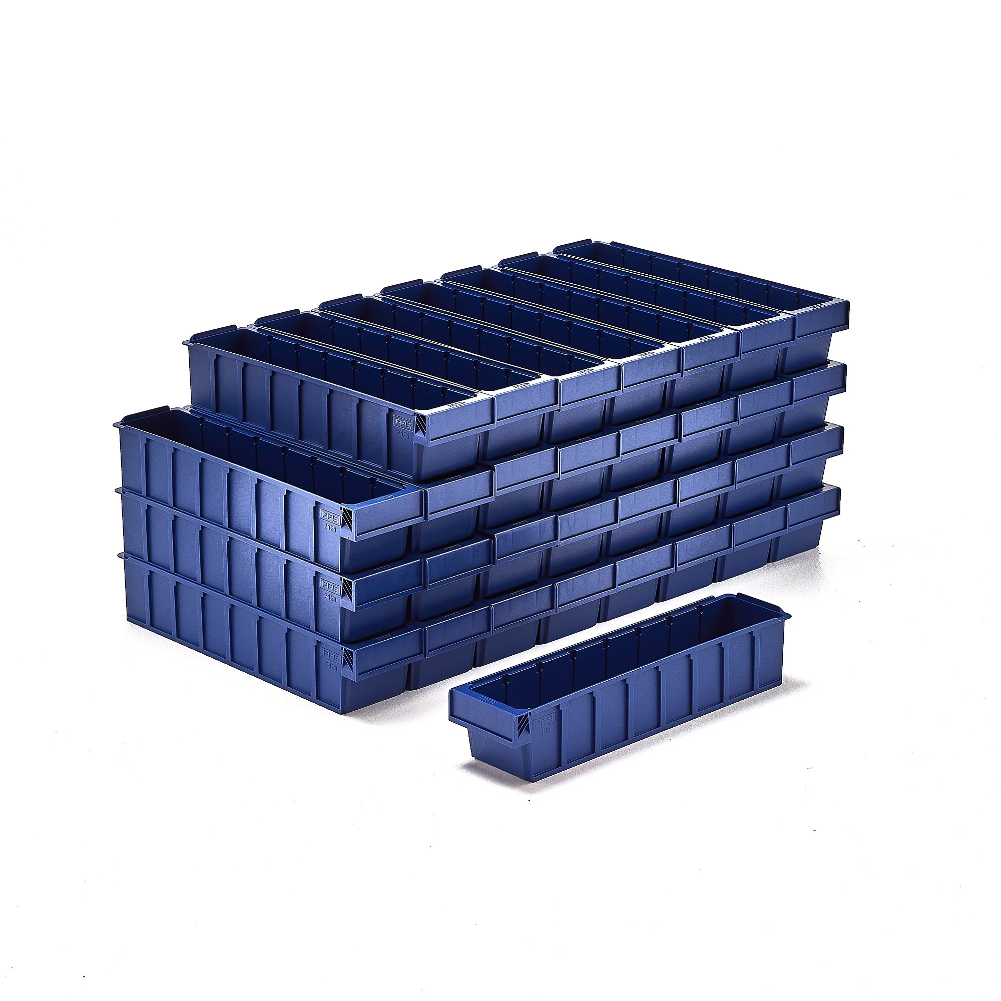 Plastový box DETAIL, pre 7 deliacich priečok, 500x115x100 mm, modrá, 32 ks