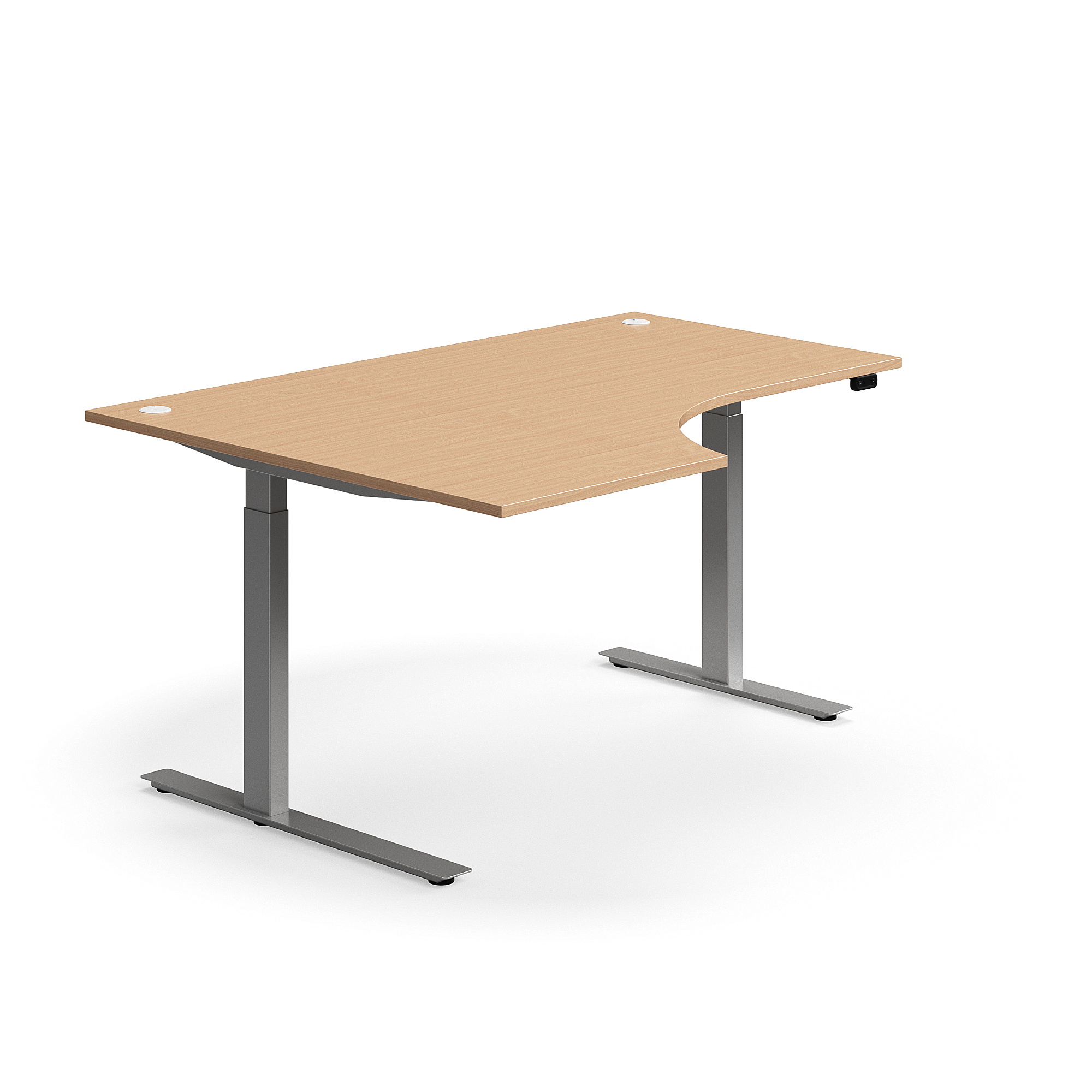 Výškově nastavitelný stůl FLEXUS, rohový, 1600x1200 mm, stříbrná podnož, buk
