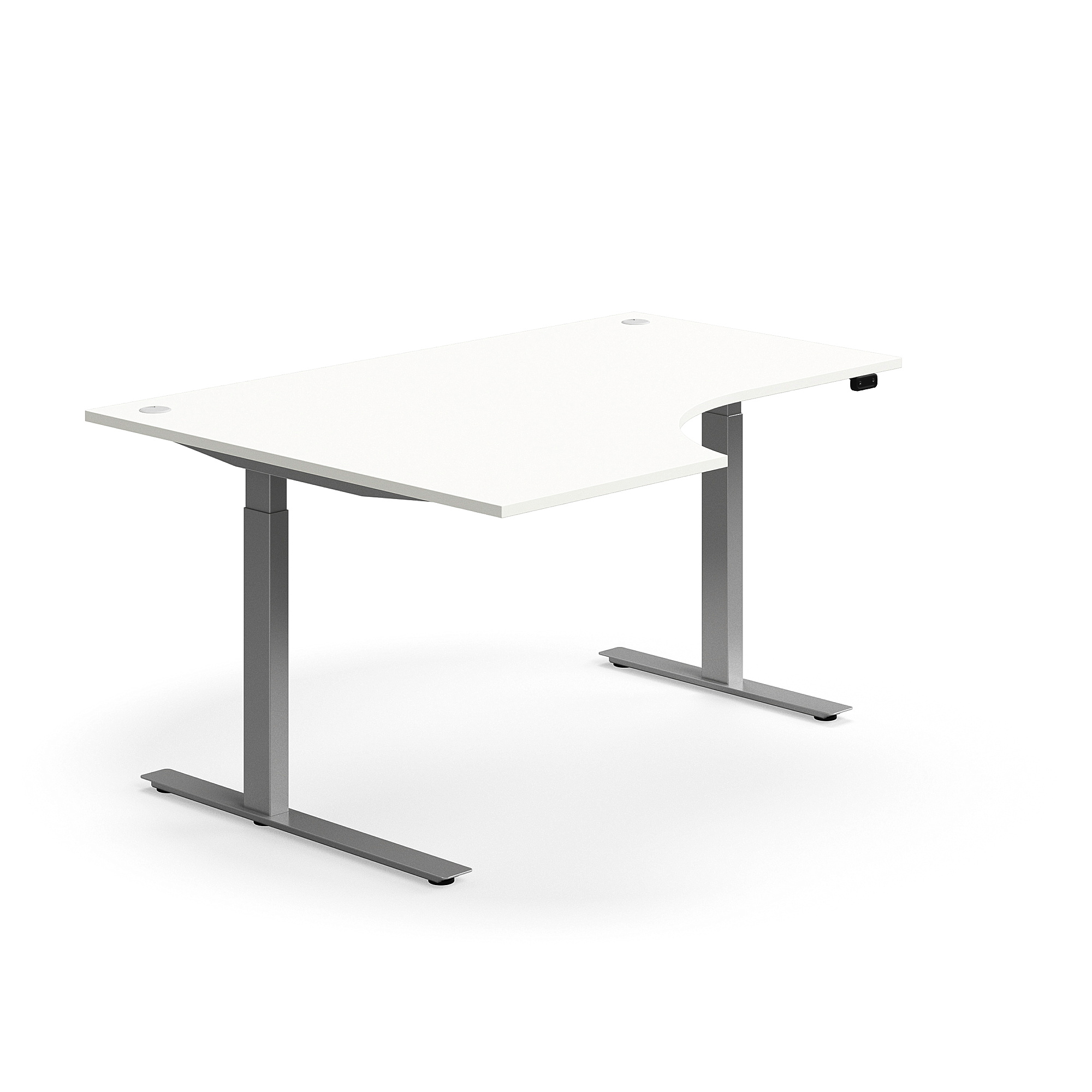 E-shop Výškovo nastaviteľný stôl FLEXUS, rohový, 1600x1200 mm, strieborný rám, biela