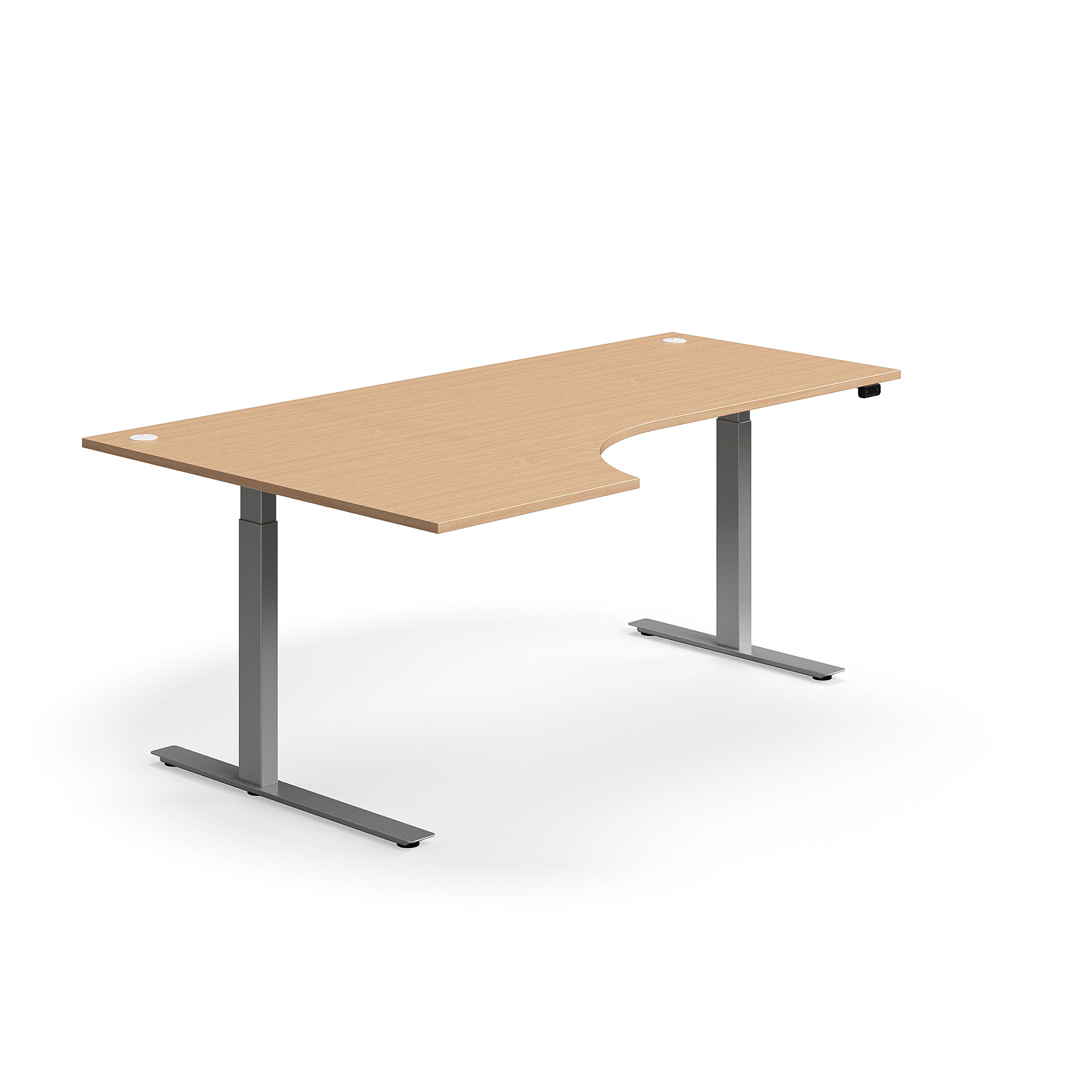 E-shop Výškovo nastaviteľný stôl FLEXUS, rohový, 2000x1200 mm, strieborný rám, buk