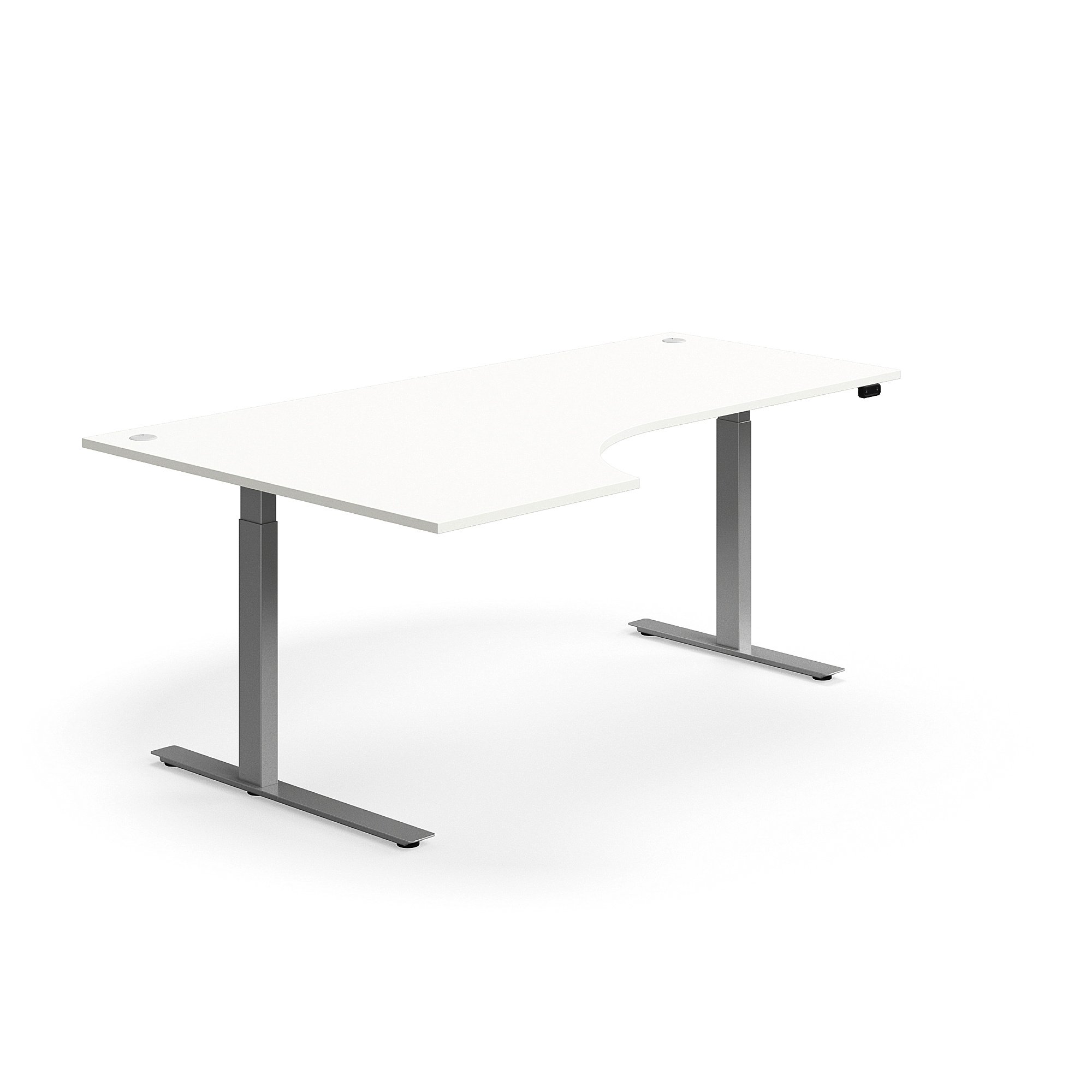 E-shop Výškovo nastaviteľný stôl FLEXUS, rohový, 2000x1200 mm, strieborný rám, biela