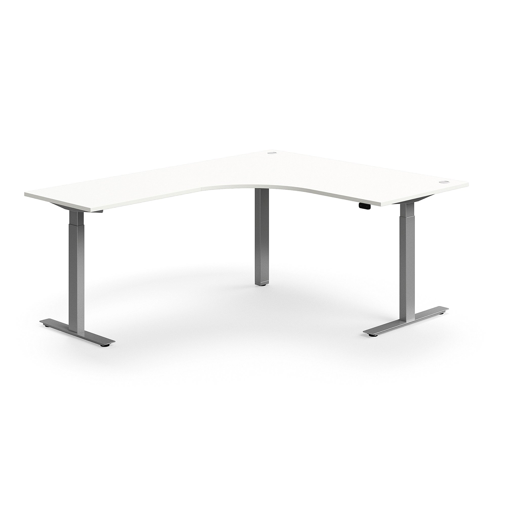 E-shop Výškovo nastaviteľný stôl FLEXUS, rohový, 1600x2000 mm, strieborný rám, biela