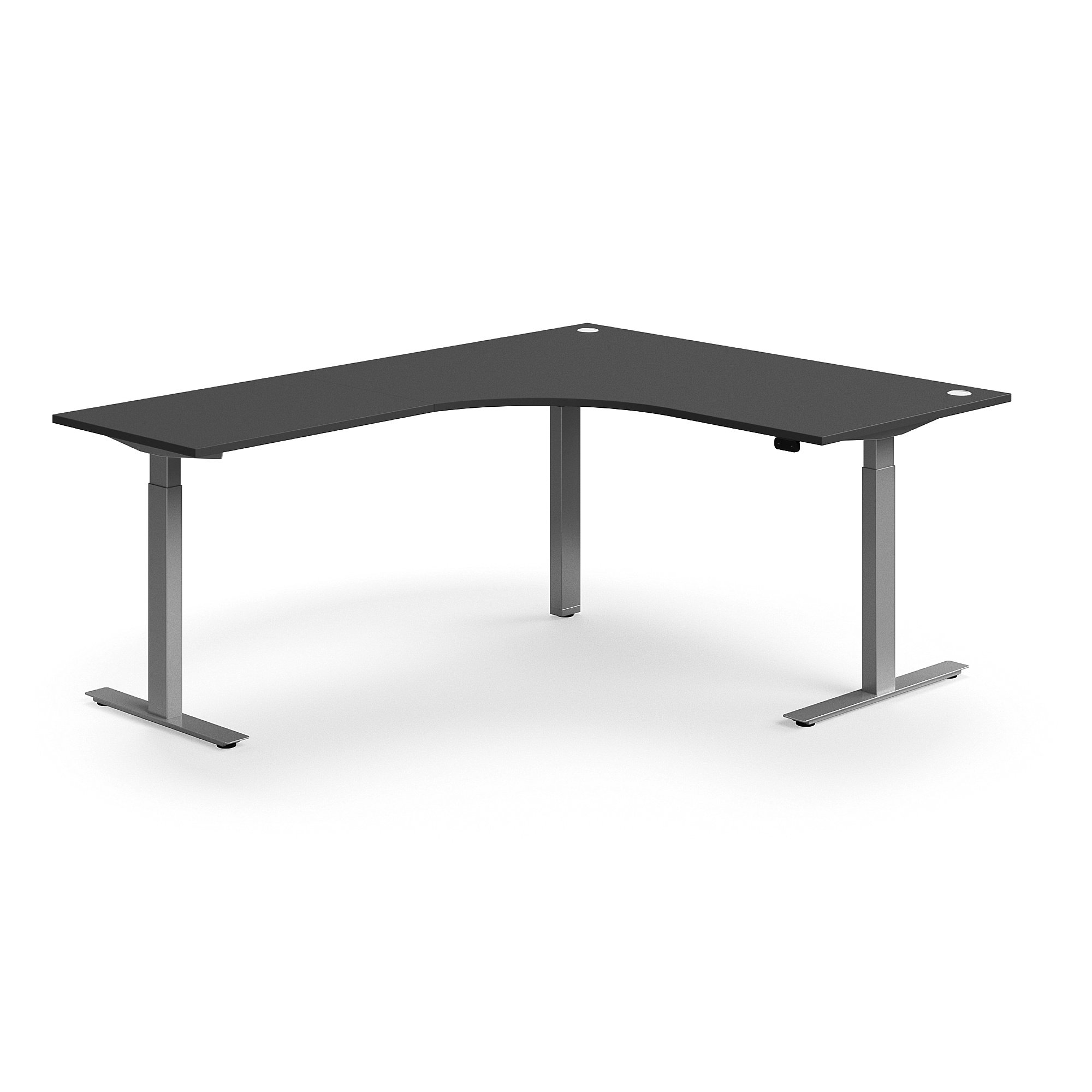 E-shop Výškovo nastaviteľný stôl FLEXUS, rohový, 1600x2000 mm, strieborný rám, šedá