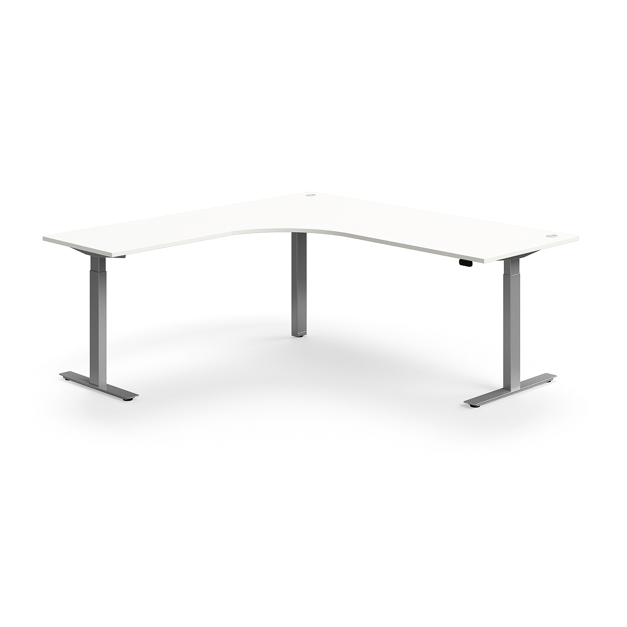 Výškově nastavitelný stůl FLEXUS, rohový, 2000x2000 mm, stříbrná podnož, bílá