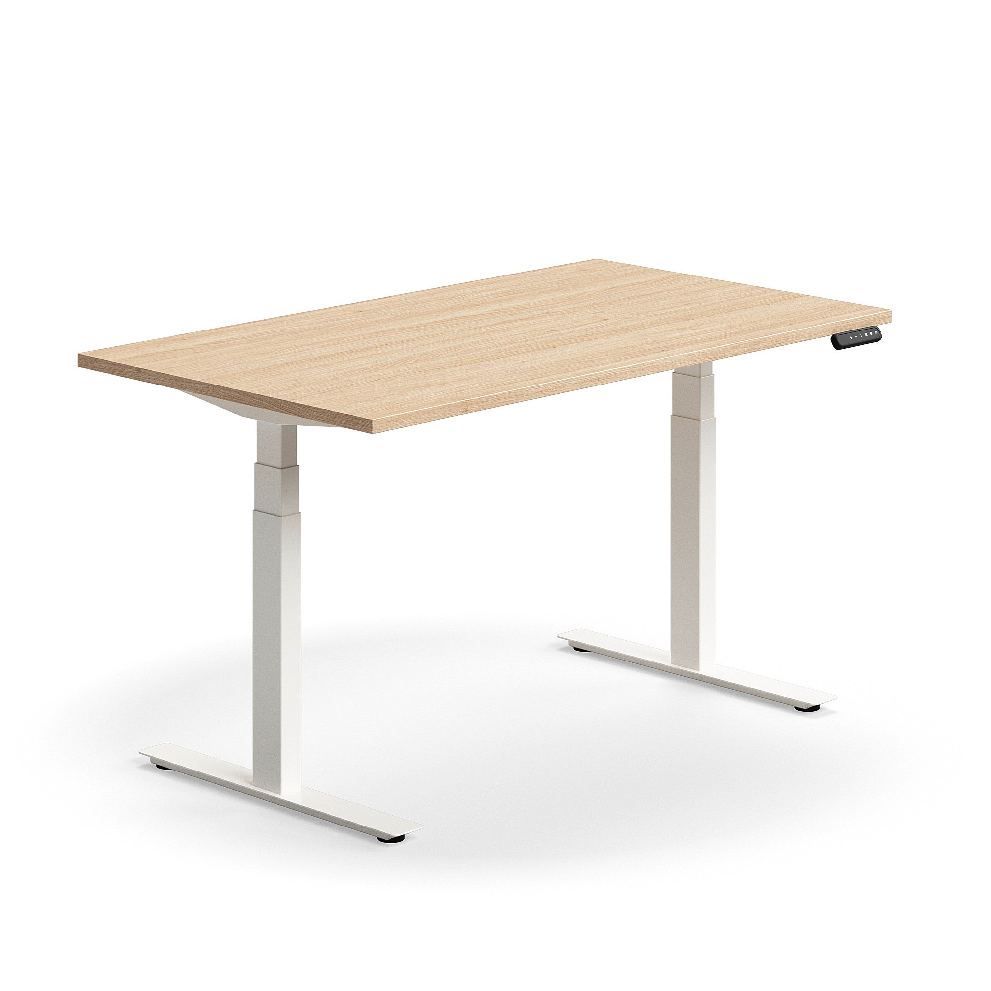 Výškově nastavitelný stůl QBUS, 1400x800 mm, bílá podnož, dub