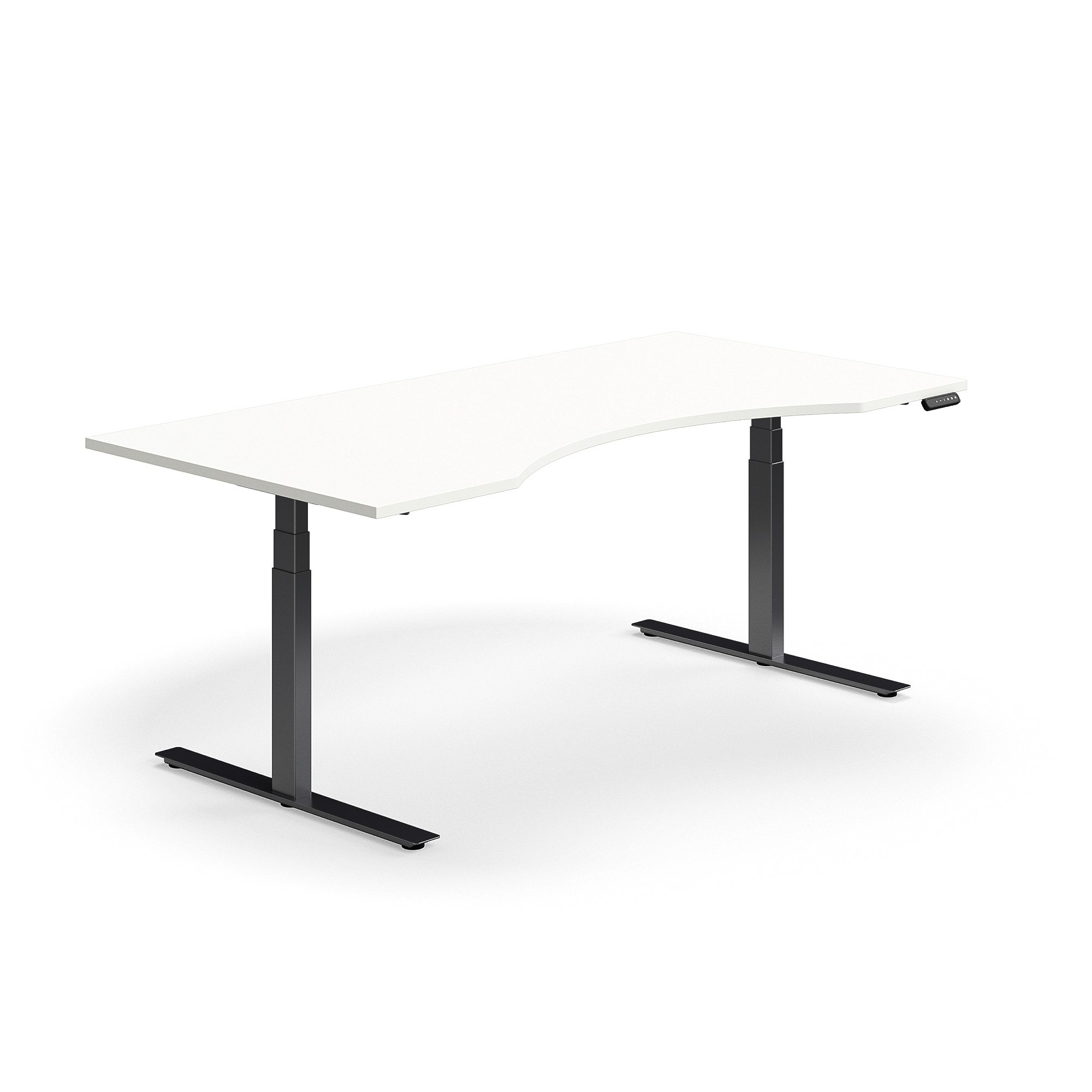 Výškově nastavitelný stůl QBUS, vykrojený, 2000x1000 mm, černá podnož, bílá