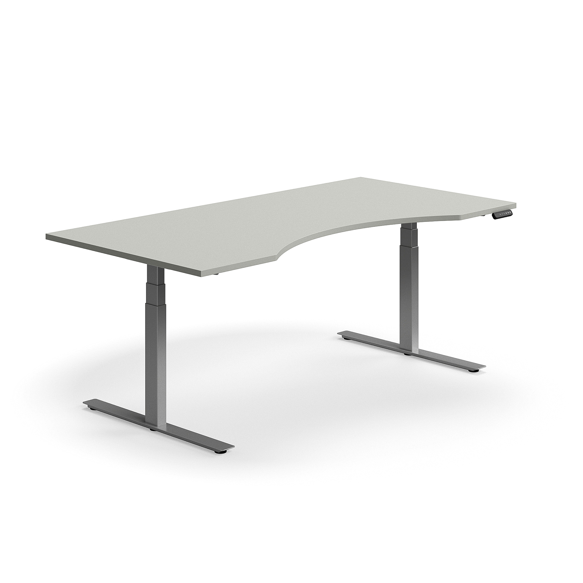 Výškově nastavitelný stůl QBUS, vykrojený, 2000x1000 mm, stříbrná podnož, světle šedá