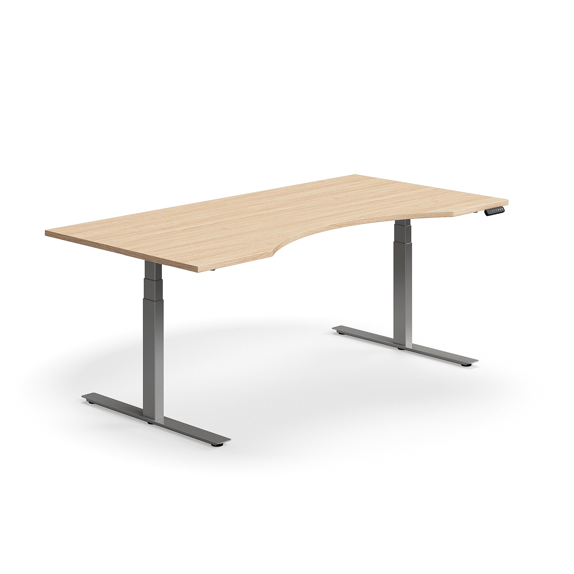 Výškově nastavitelný stůl QBUS, vykrojený, 2000x1000 mm, stříbrná podnož, dub