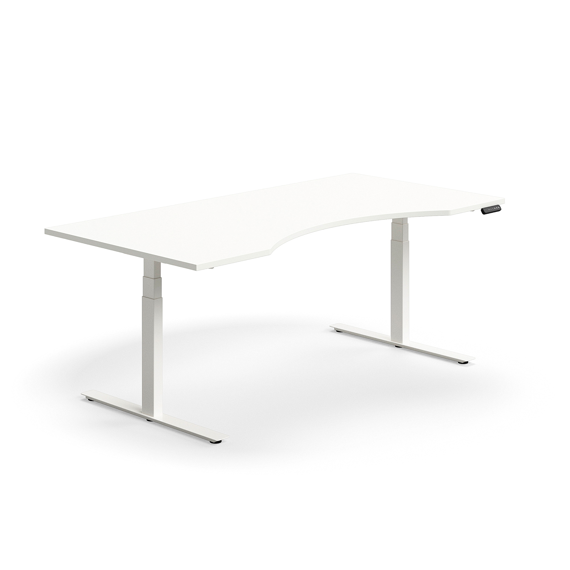 Výškově nastavitelný stůl QBUS, vykrojený, 2000x1000 mm, bílá podnož, bílá