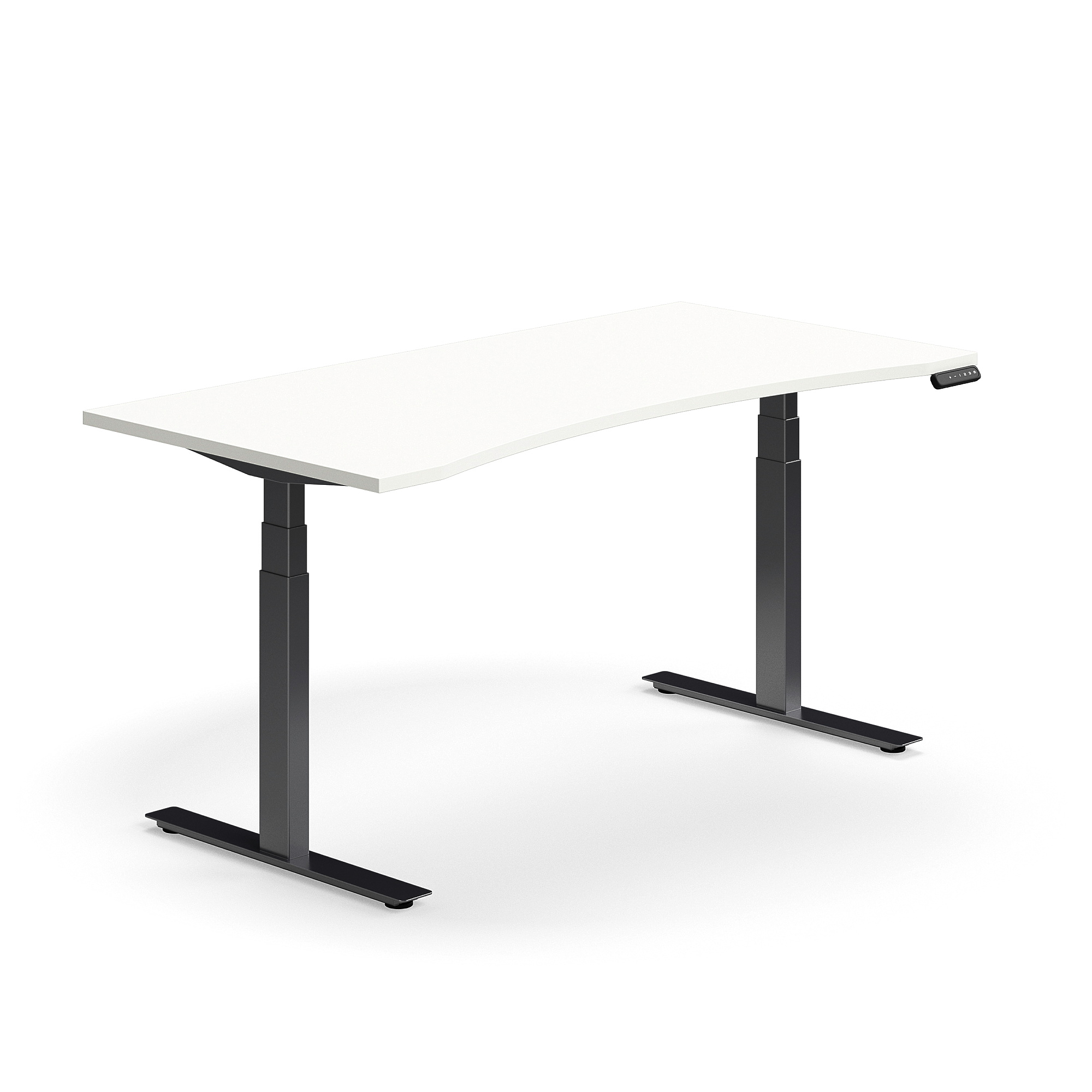Výškově nastavitelný stůl QBUS, vykrojený, 1600x800 mm, černá podnož, bílá