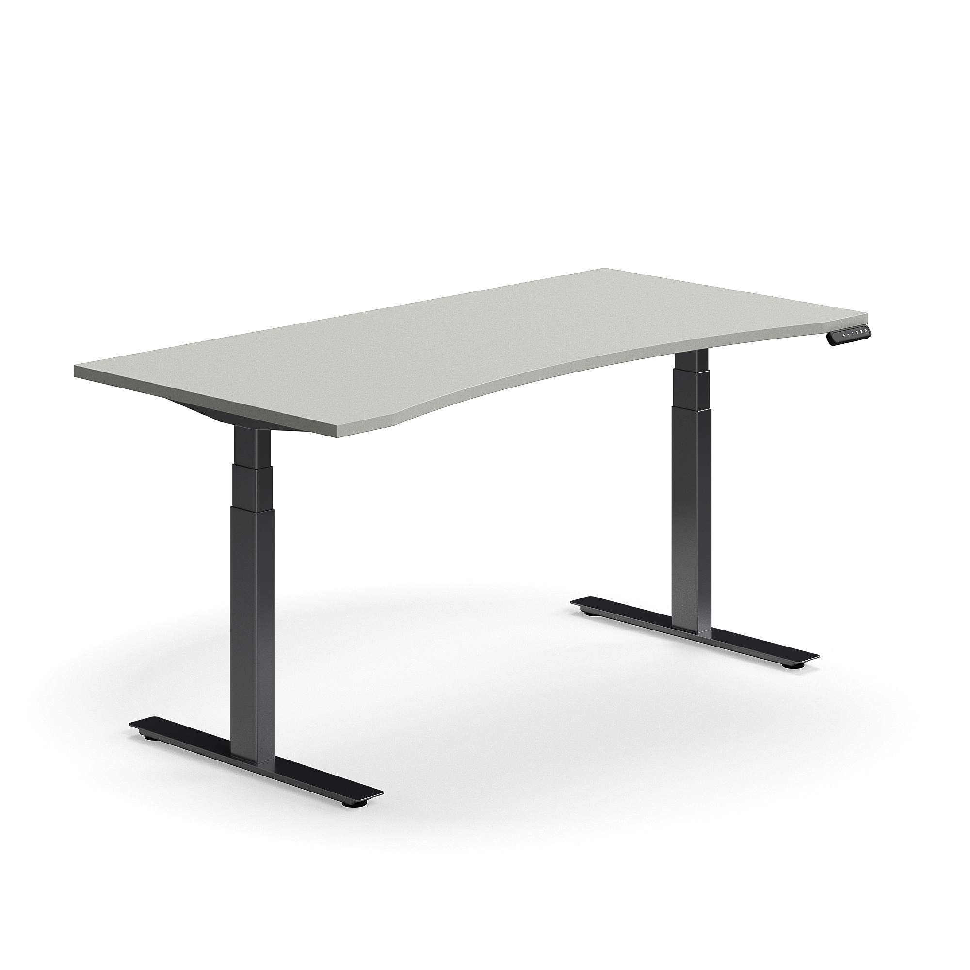Výškově nastavitelný stůl QBUS, vykrojený, 1600x800 mm, černá podnož, světle šedá