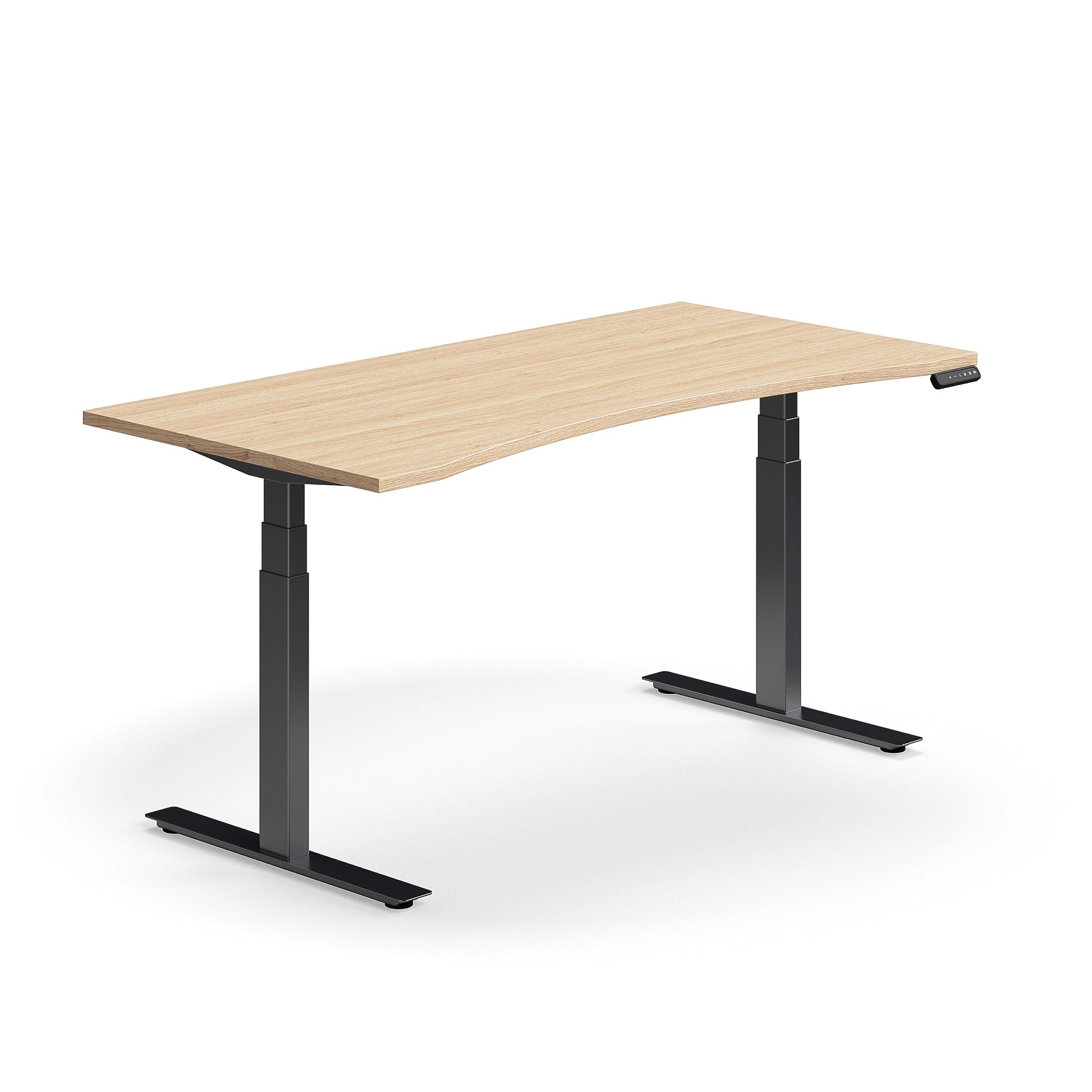 Výškově nastavitelný stůl QBUS, vykrojený, 1600x800 mm, černá podnož, dub