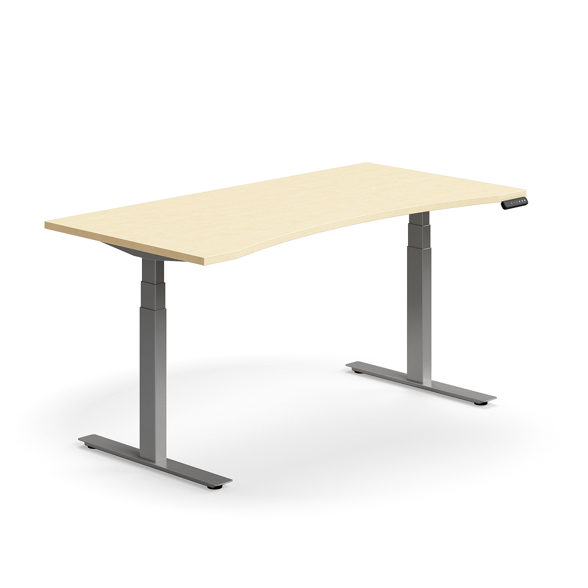 Výškově nastavitelný stůl QBUS, vykrojený, 1600x800 mm, stříbrná podnož, bříza