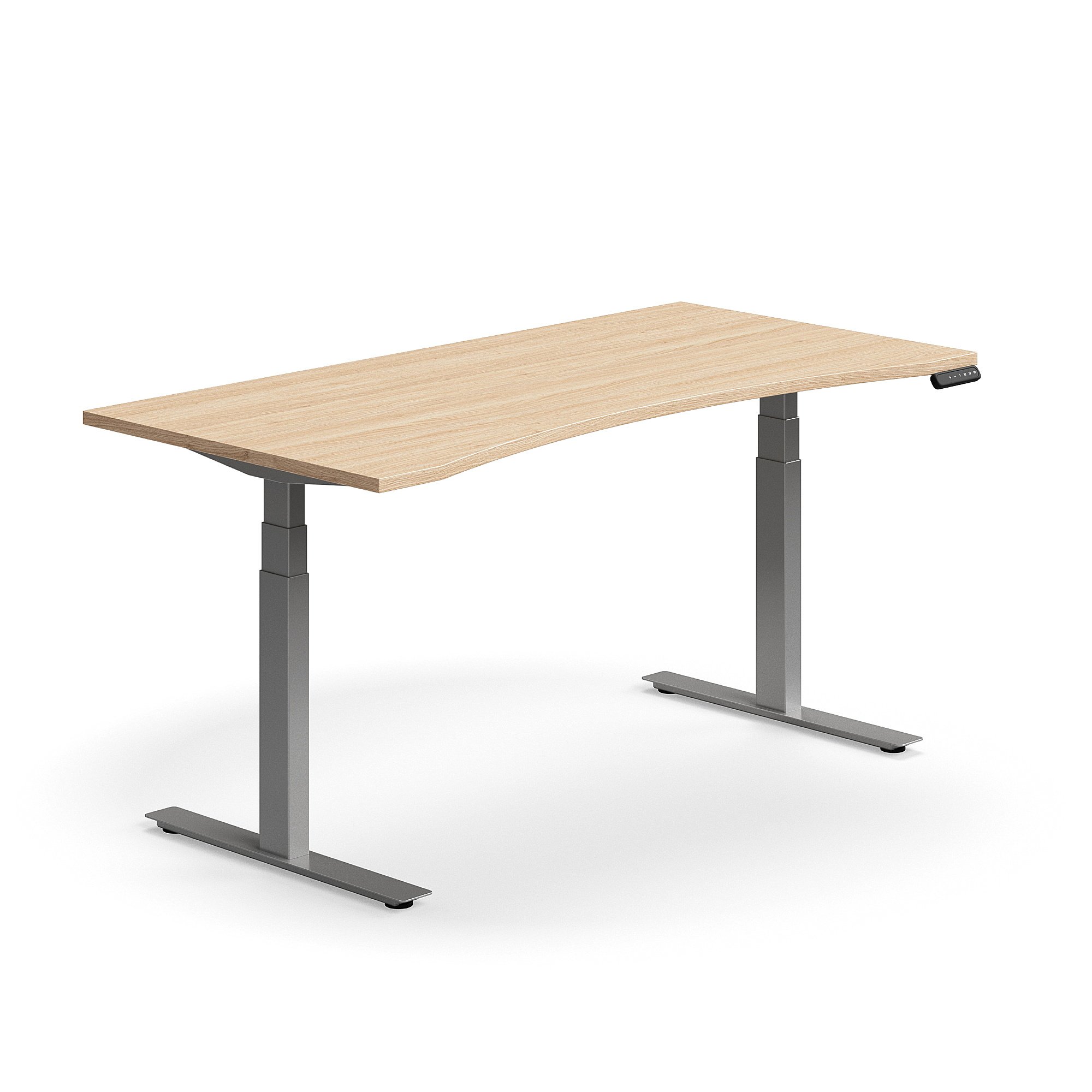 Výškově nastavitelný stůl QBUS, vykrojený, 1600x800 mm, stříbrná podnož, dub