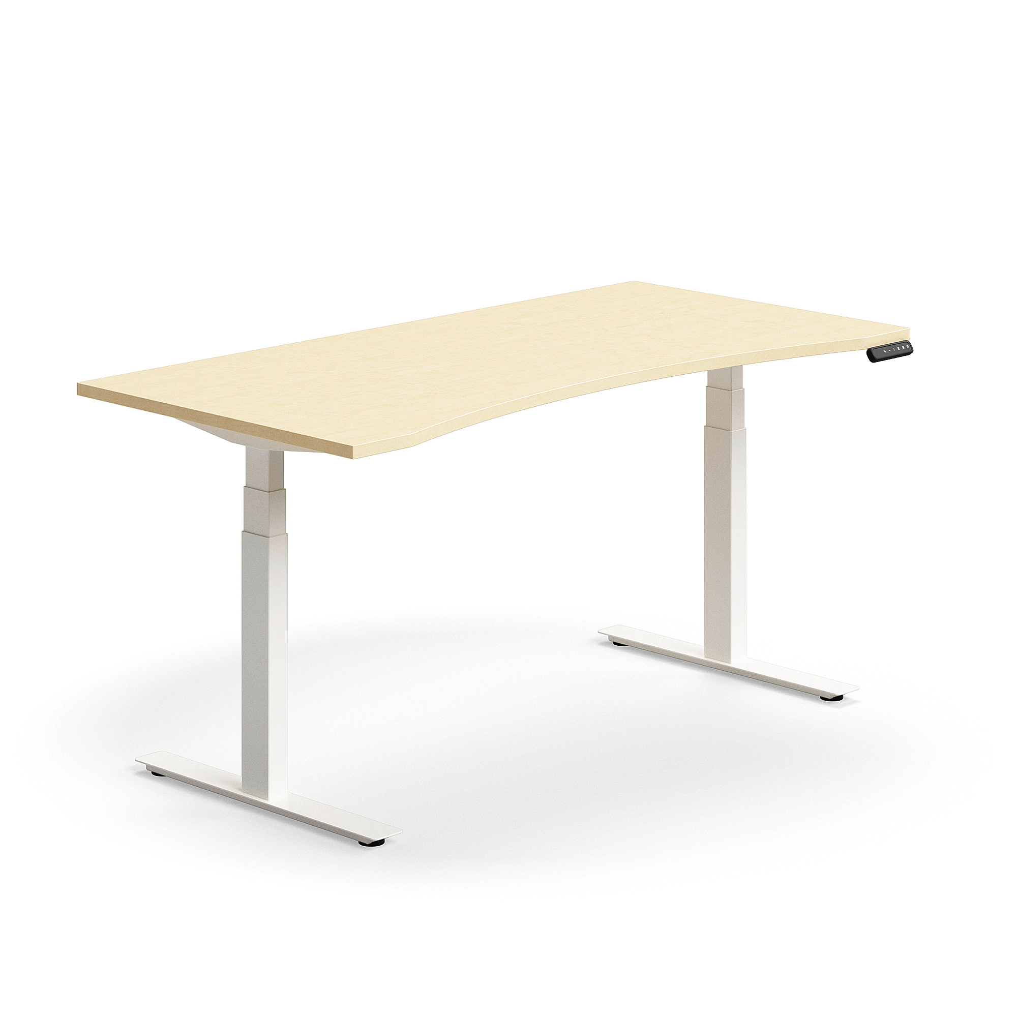 Výškově nastavitelný stůl QBUS, vykrojený, 1600x800 mm, bílá podnož, bříza