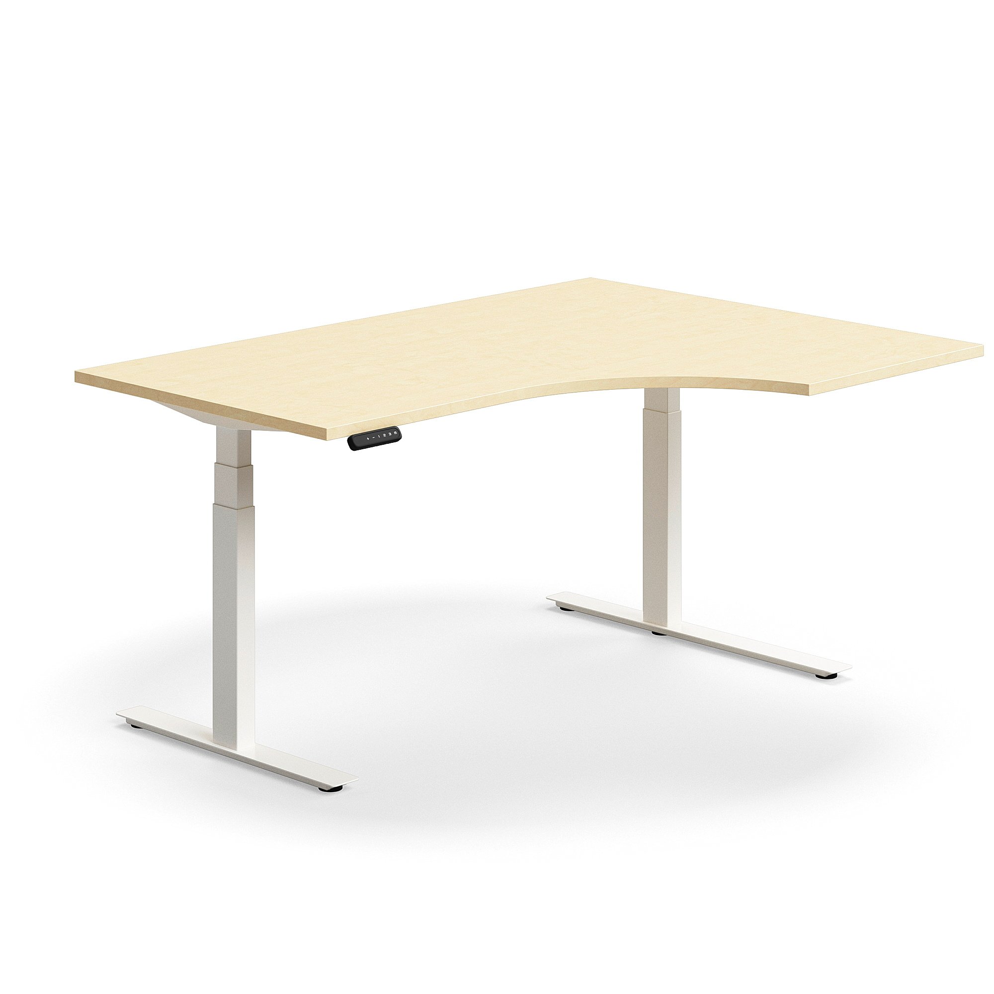Výškově nastavitelný stůl QBUS, rohový, 1600x1200 mm, bílá podnož, bříza