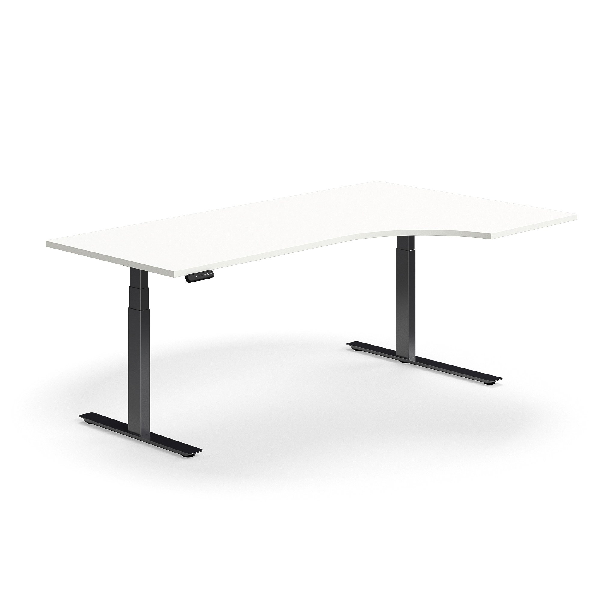 Výškově nastavitelný stůl QBUS, rohový, 2000x1200 mm, černá podnož, bílá