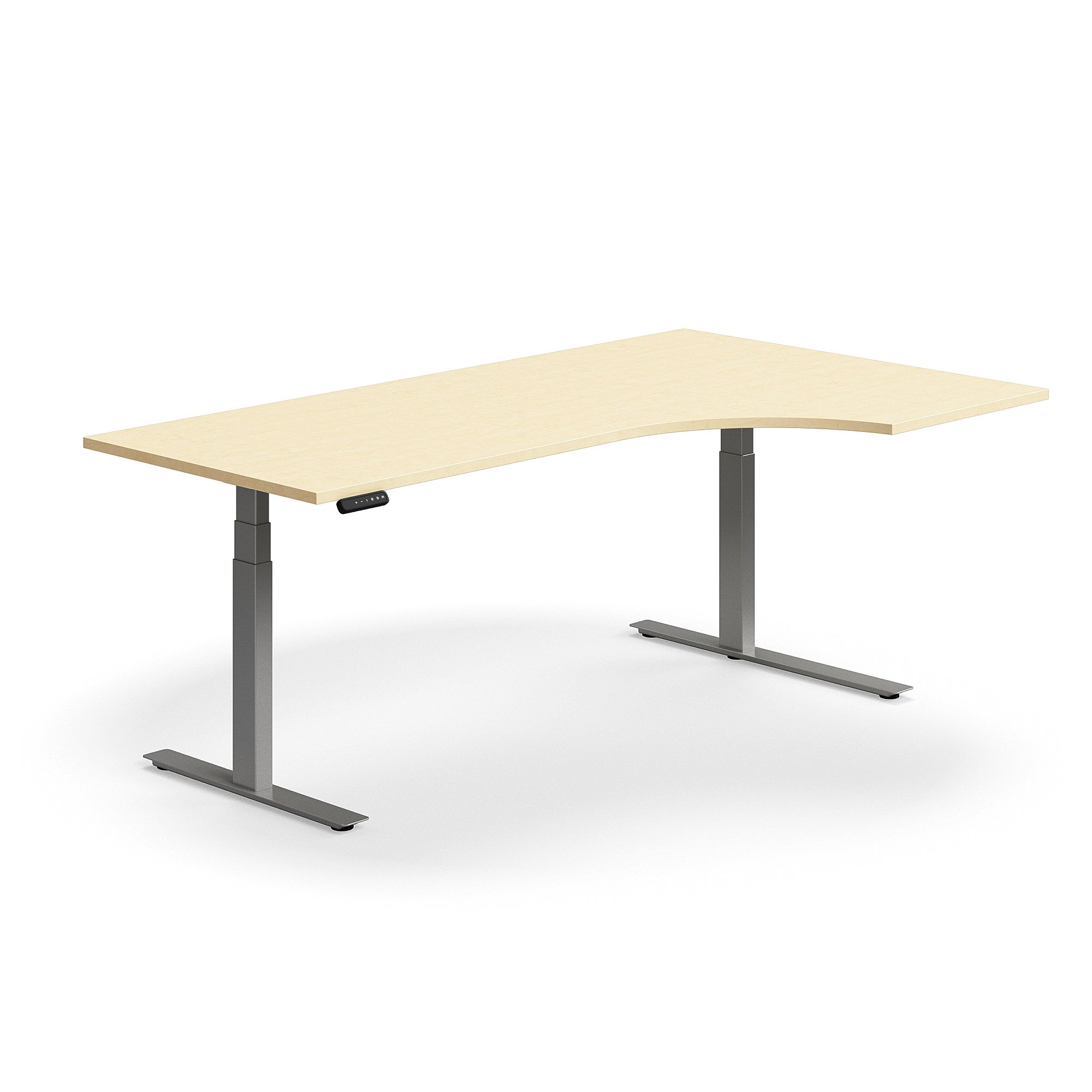 Výškově nastavitelný stůl QBUS, rohový, 2000x1200 mm, stříbrná podnož, bříza