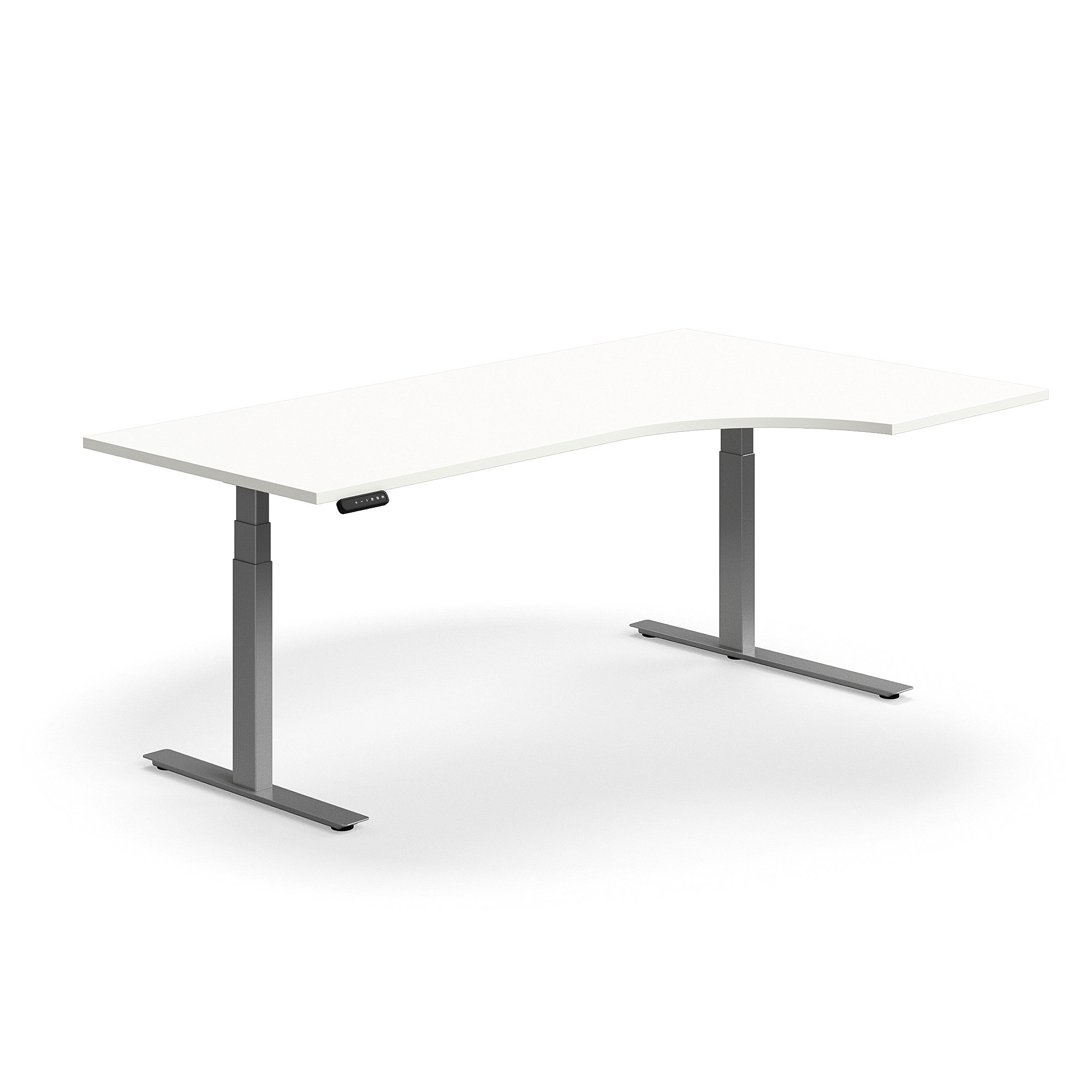 E-shop Výškovo nastaviteľný stôl QBUS, rohový, 2000x1200 mm, strieborný rám, biela