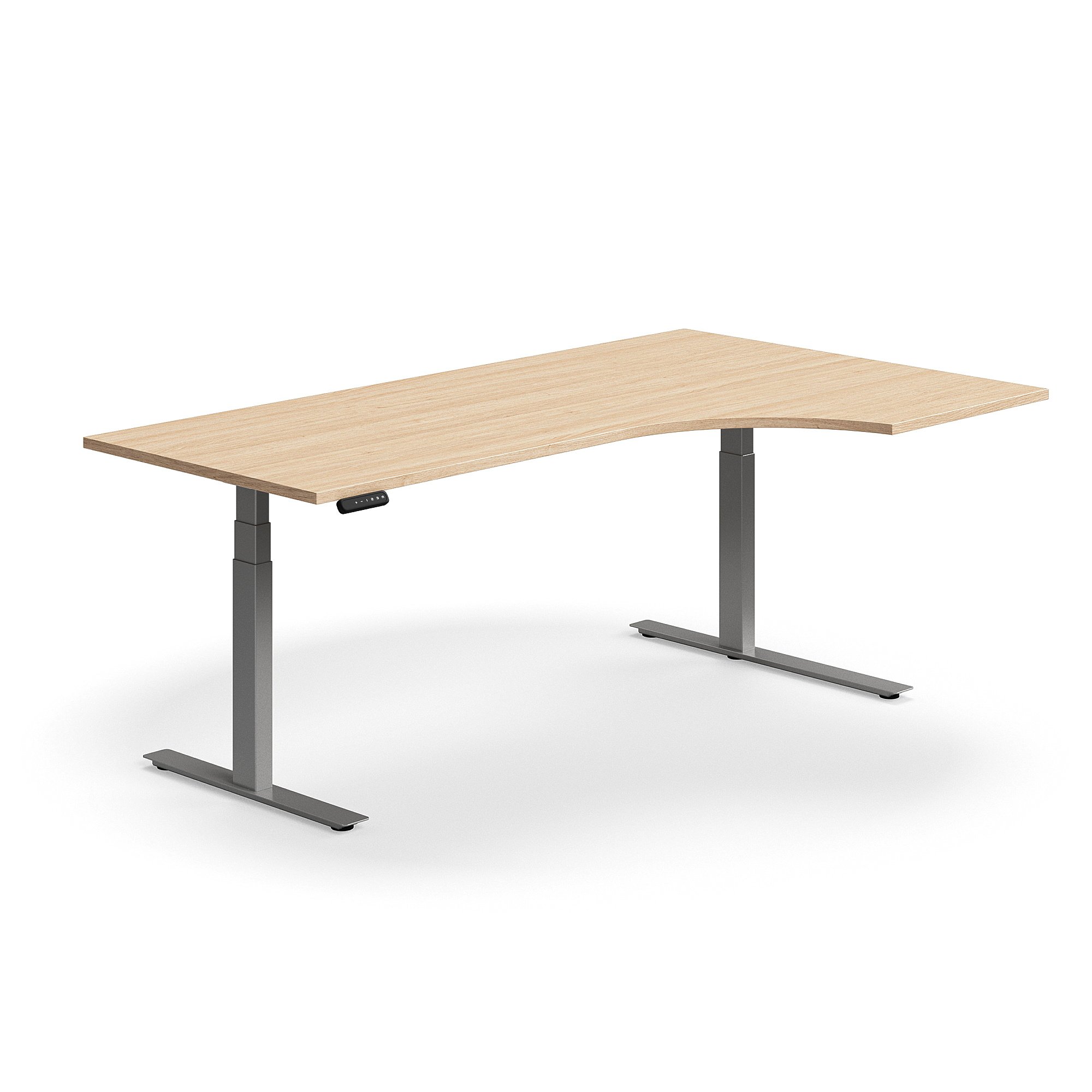 E-shop Výškovo nastaviteľný stôl QBUS, rohový, 2000x1200 mm, strieborný rám, dub